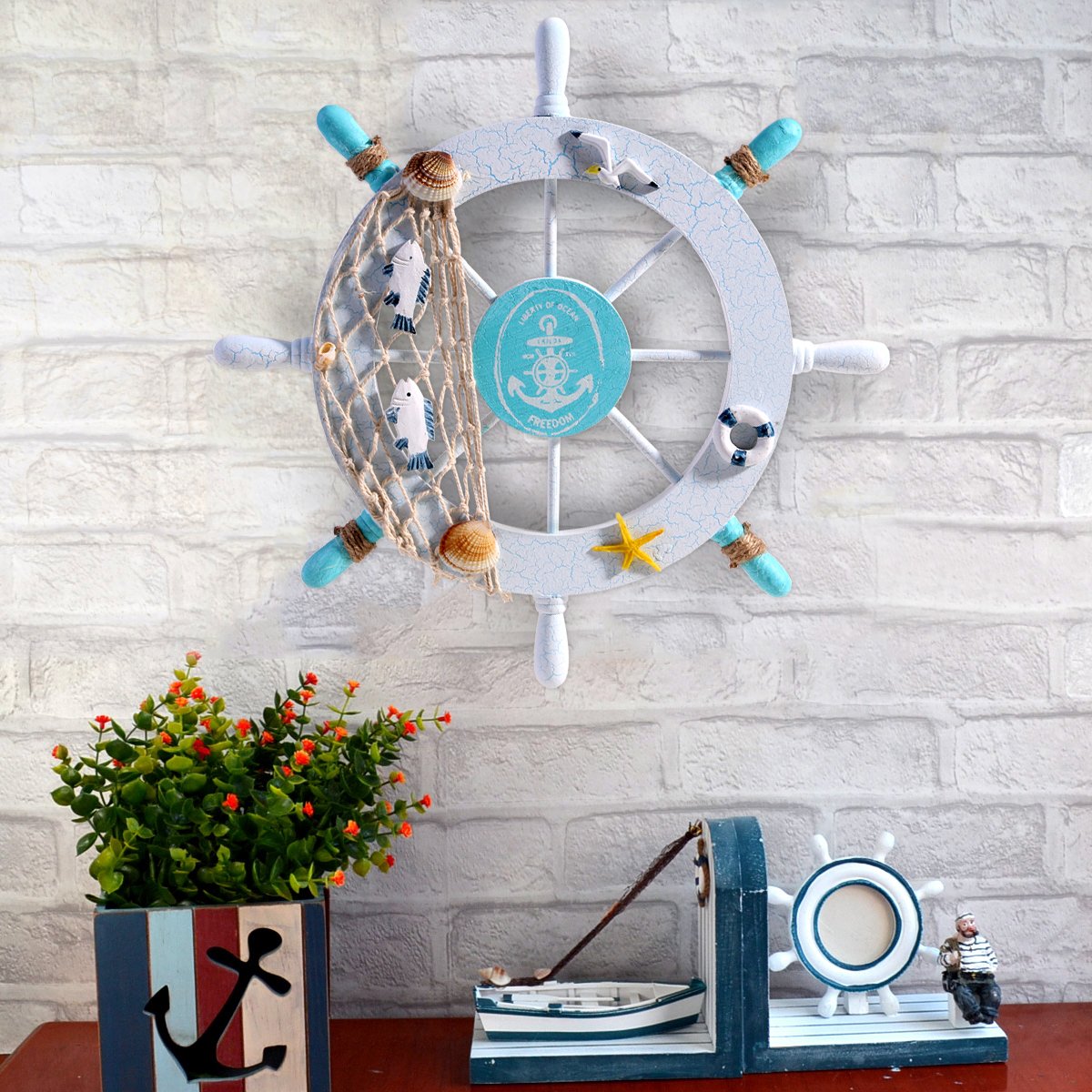 Decorazione Nautica In Legno - Timone E Ancora Per Parete Stile Marino 28cm - Foto 11