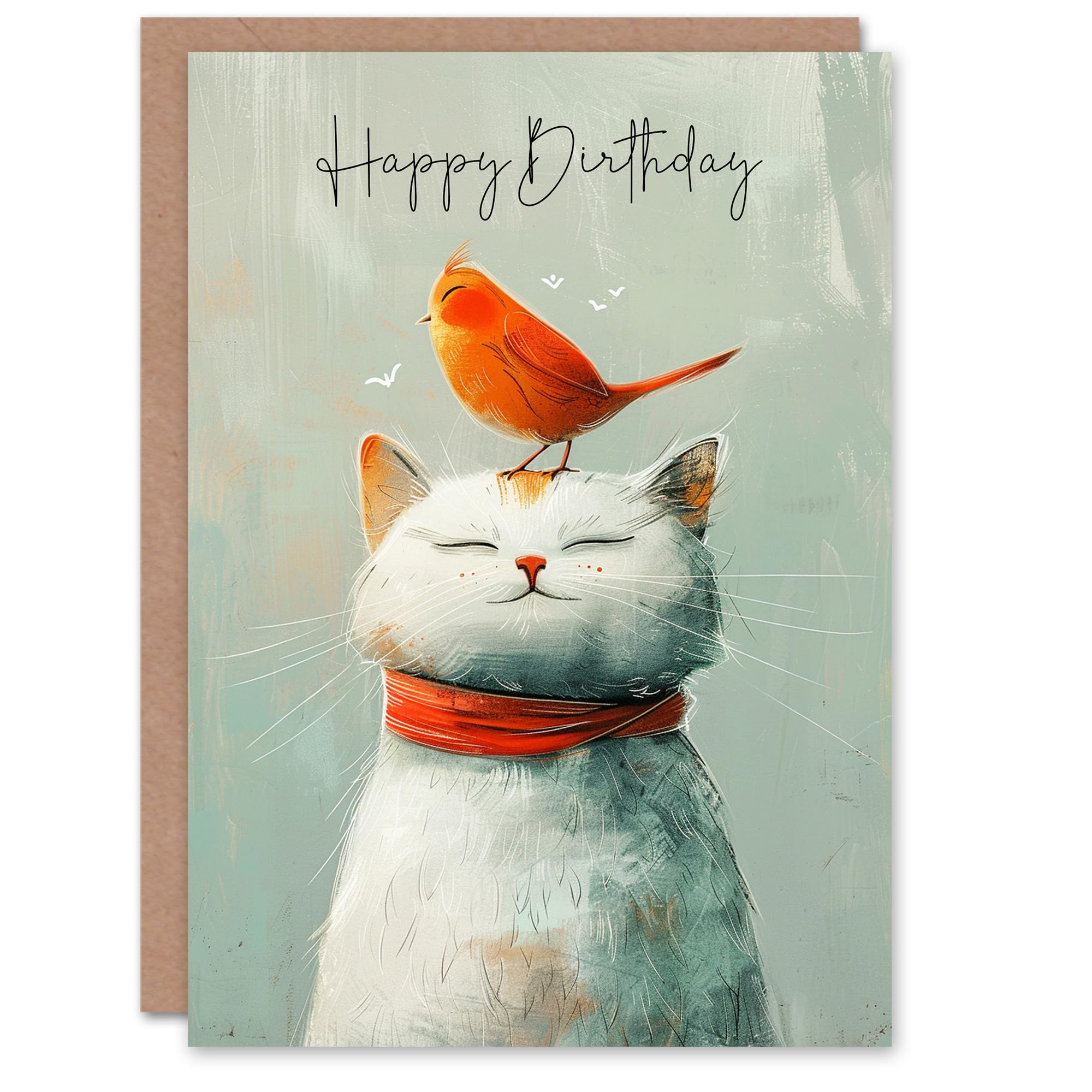 Artery8 Birthday Card Cat Pet Red Bird Happy Friends Illustration For Son Daughter Girl Boy Kids Happy Card