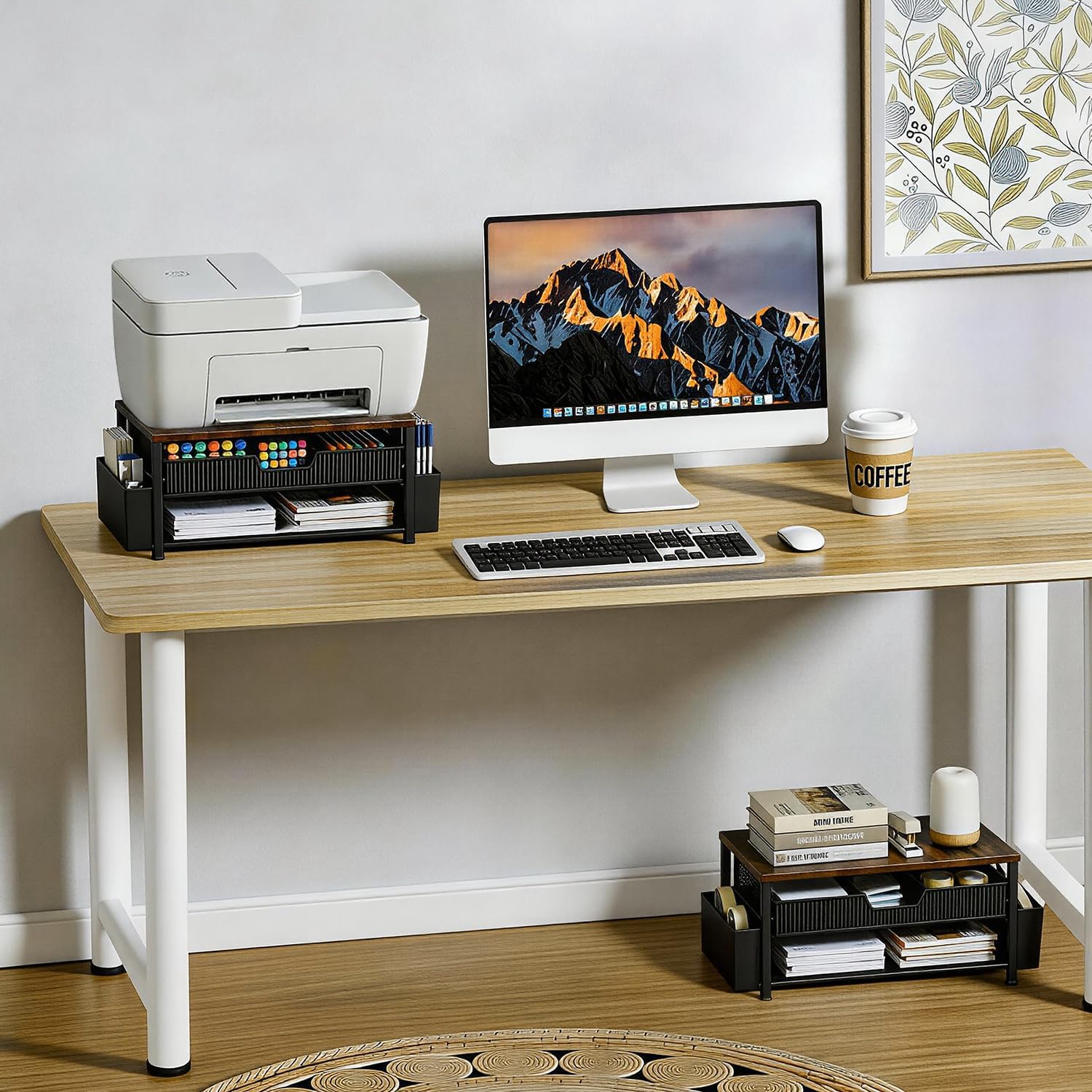 Printer Stand for Desk with Storage, Wood Metal Desk Organizer with Drawer and Pen Holder, Printer Table for Home Office, Multi-Purpose for Fax Machine, Scanner, Die-Cut Machine, Files (Brown)