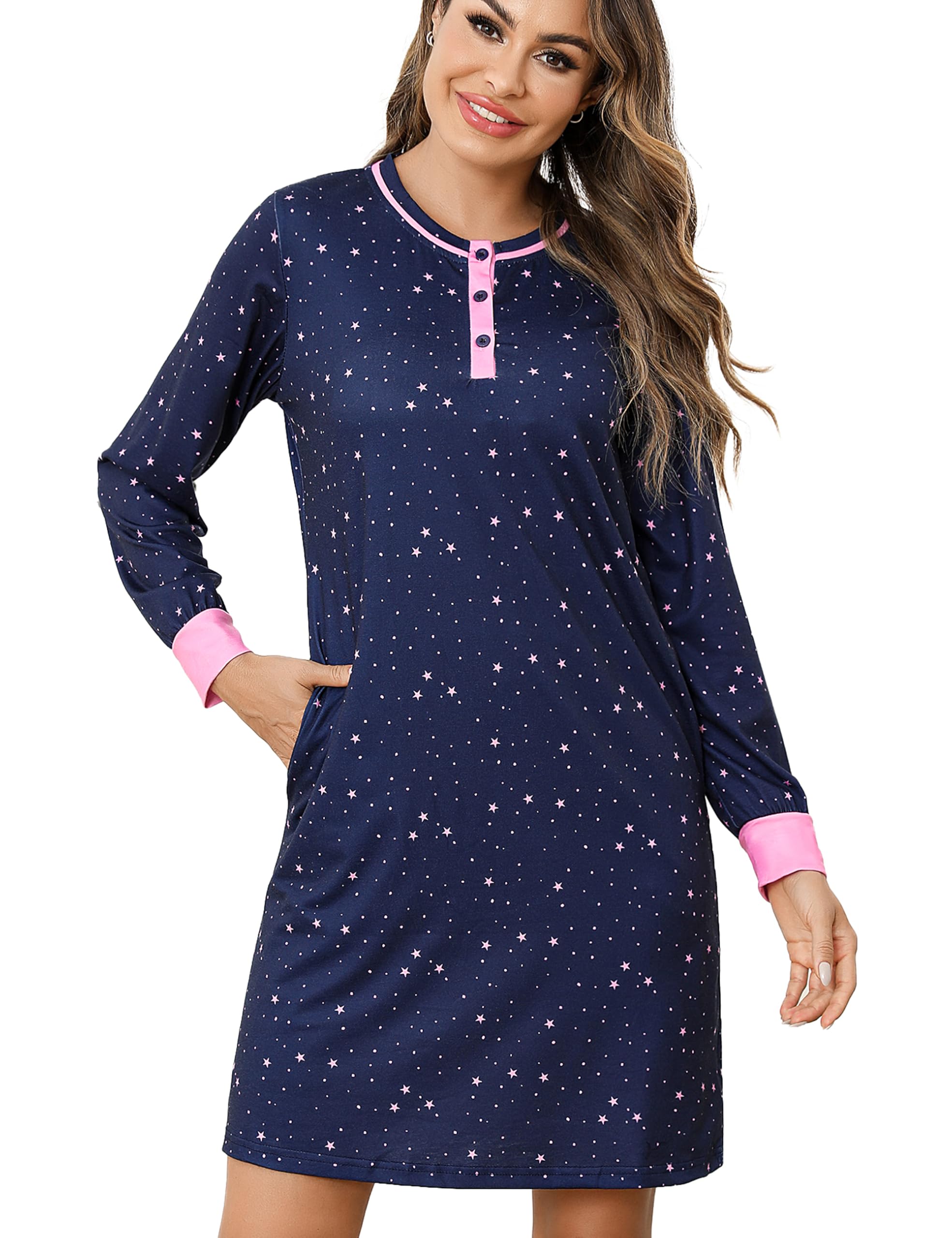 Chemise De Nuit Femme Coton Manches Longues - Motif étoilé Avec Poches 95% Coton