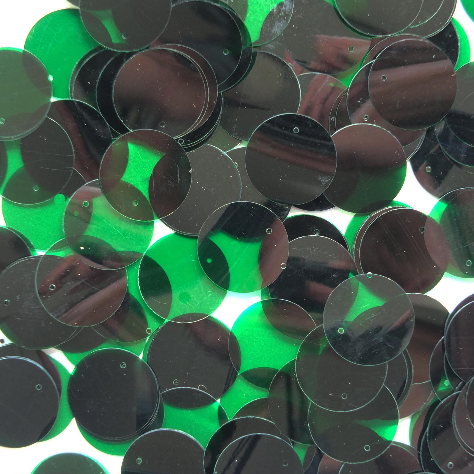 20mm Flat Round Sequins Deep Green Transparent See-Thru Loose Paillettes. Costume, display, bridal, arts, crafts, embellishment. Made in USA.