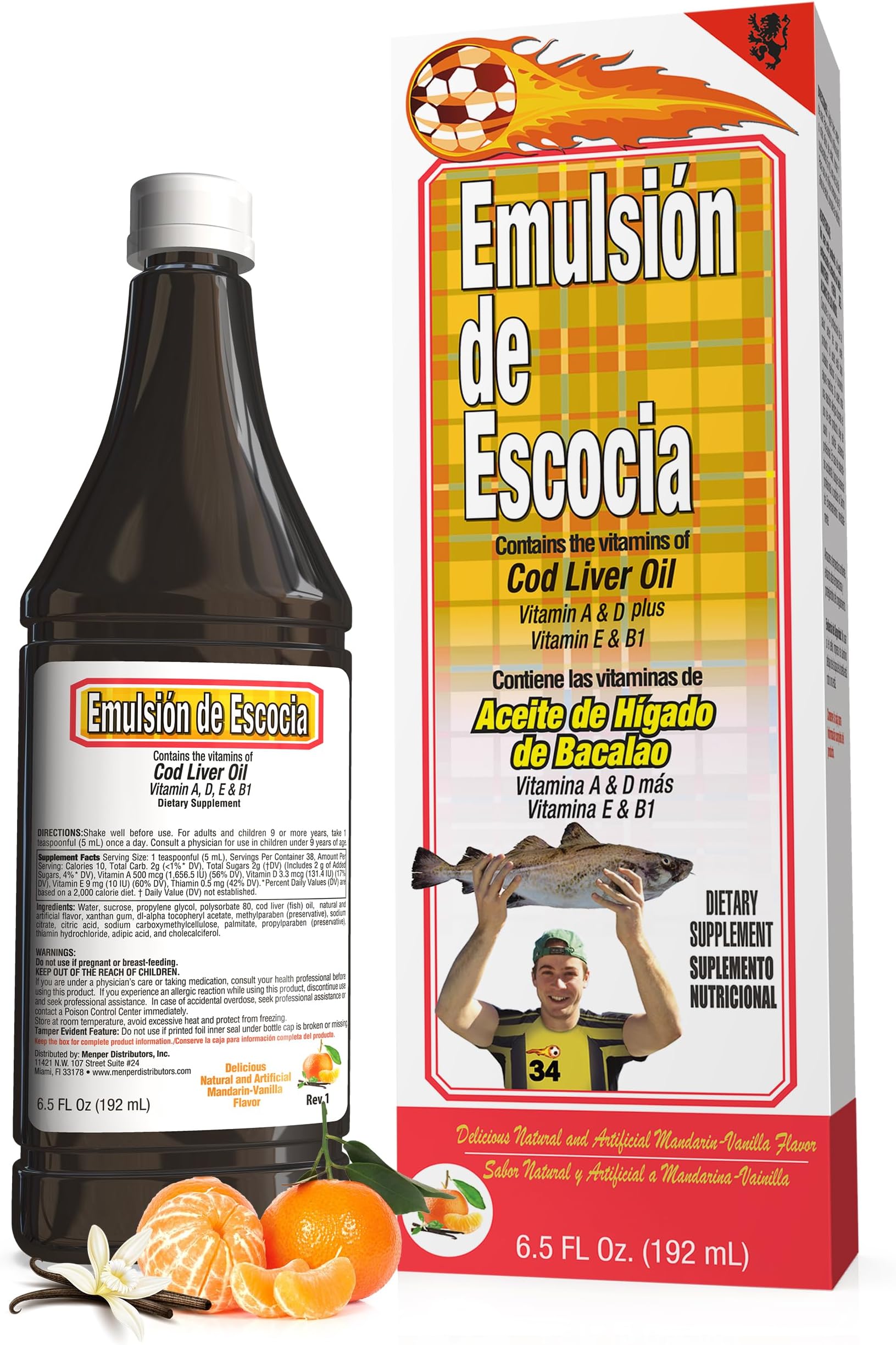 Emulsión de Escocia Cod Liver Oil Liquid Supplement with Vitamins A, D, E & B1 | Natural Fish Oil for Kids & Women | Mandarin-Vanilla Flavor | Omega 3 Dietary Support | 6.5 oz 1-Pack