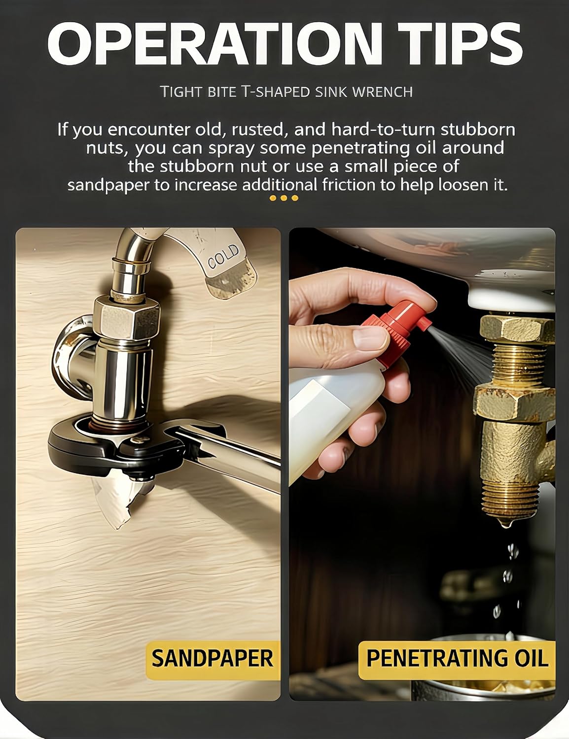 11 Inch Adjustable Basin Wrench, Long Handle Tap Nut Spanner Sink Wrench, Capacity of 0.3" to 1.1" for Fixing Back and Union Nuts Under Sink