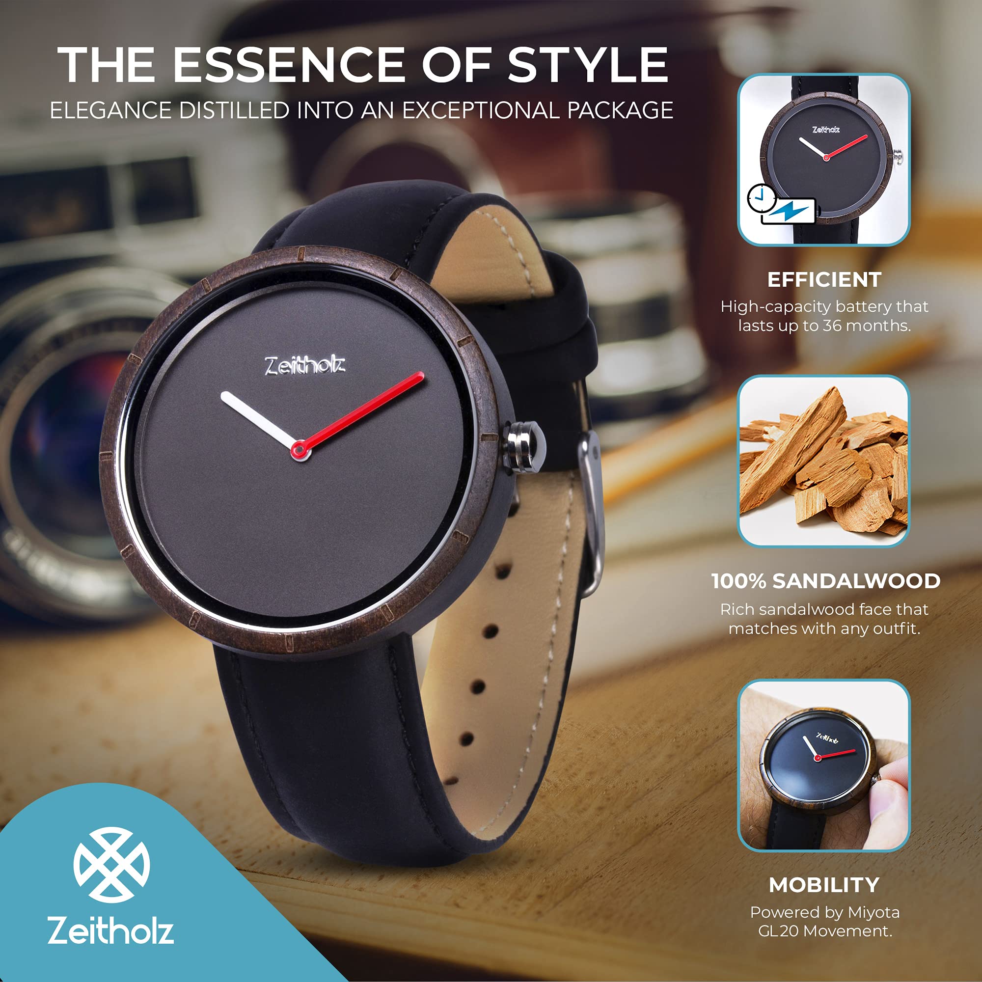 Orologio in Legno Unisex - Modello Sebnitz, Fatto a Mano da Sandalo Naturale 100% con Movimento al Quarzo - Orologio Ligneo Analogico Leggero per Uomo e Donna - Cinturino Regolabile