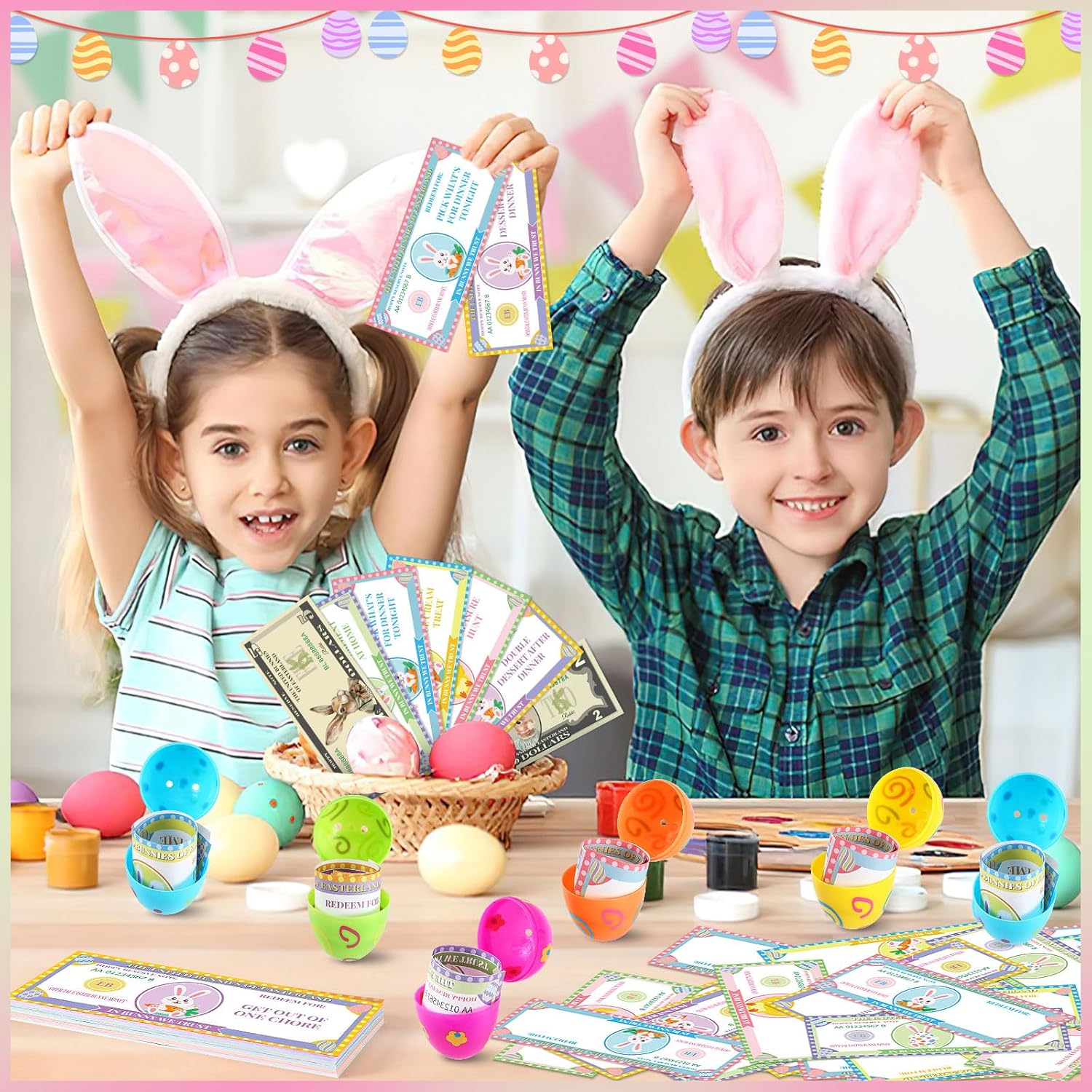Easter Egg Fillers- Easter Bunny Play Bucks – 100-Piece Bundle with 60 Redeemable Coupons, 30 Blank DIY Coupons & 10 Bunny Dollars – Perfect for Easter Hunt Rewards & Family Fun Activities