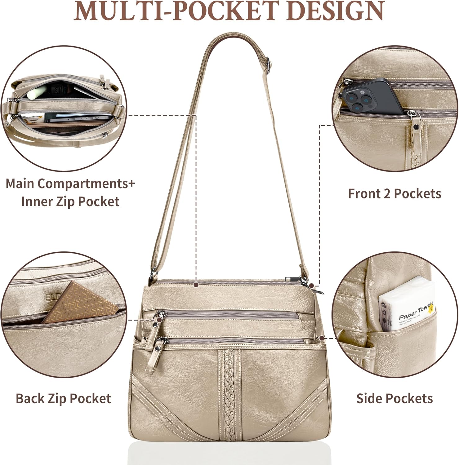 ELDA Crossbody Bags For Women Pocketbooks Soft PU Leather Purses and Handbags Multi Pocket Shoulder Bag - Image 4