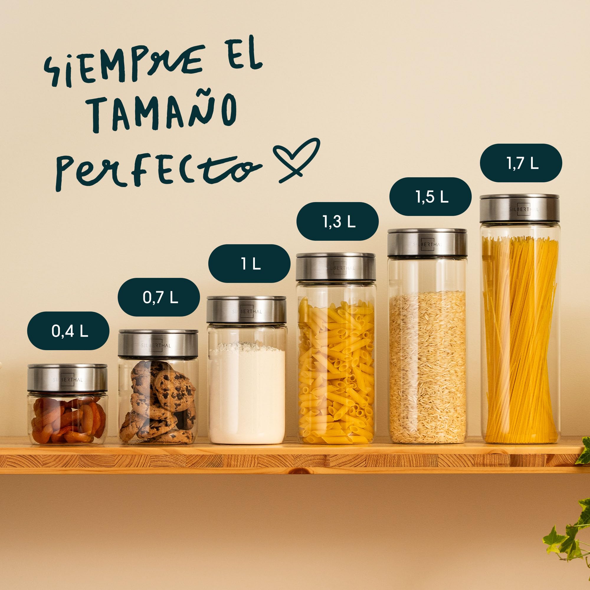 SILBERTHAL Set 6 Botes cocina almacenaje - Hermeticos y antipolillas - Vidrio y acero inoxidable - 1700ml 1500ml 1300ml 1000m 700ml y 400ml - Versión mejorada, ahora apilables - Tarros despensa