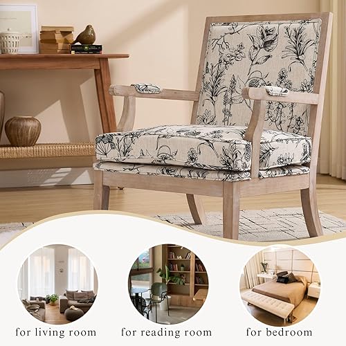 Miniatura 7 de Silla decorativa floral moderna de mediados de siglo, sillas de sala de estar tapizadas de tela, silla de lectura con marco de madera maciza y cojín