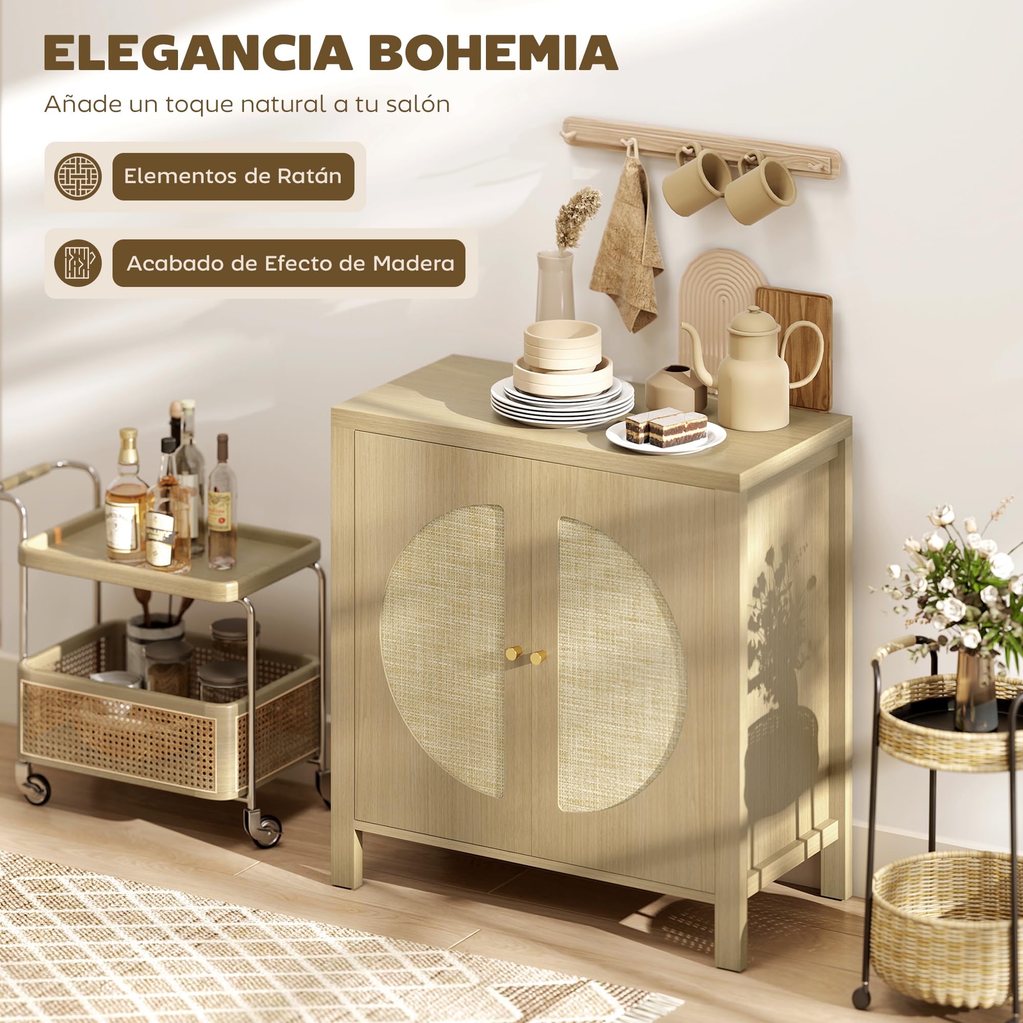 HOMCOM Aparador de Cocina con 2 Puertas Buffet 75x38x77 cm Madera Natural | Ratán Sintético, Mueble Auxiliar de Cocina, Estante Ajustable, 2 Tiradores, para Comedor, Salón, Muebles