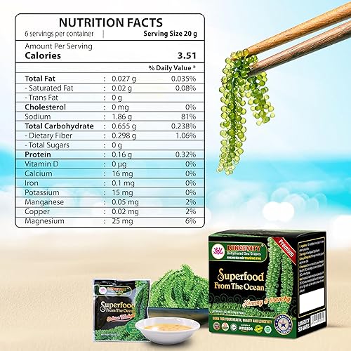 Miniatura 8 de LONGEVITY SEA GRAPES  Uvas marinas deshidratadas 423 onzas 6 paquetes - Caviar verde Umibudo alga marina lato regalo precioso del mar  Mejora la