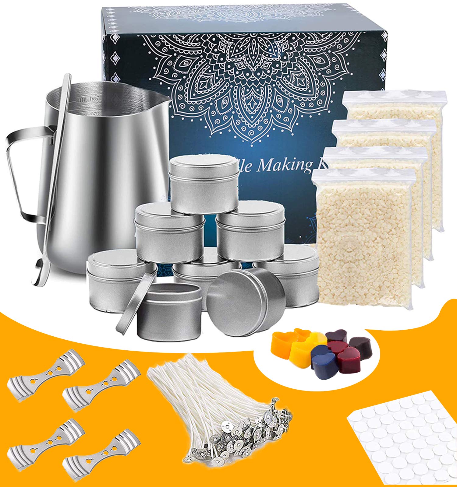 DIY Candle Making Kit Supplies, Colored Candle Beeswax Candle Craft Tools Including Wax Melting Pot, Beeswax, Colors Candle Dye, 8 Candle Jars, 50 Wicks, 4 Wick Clip, Wicks Sticker and Mixing Spoon
