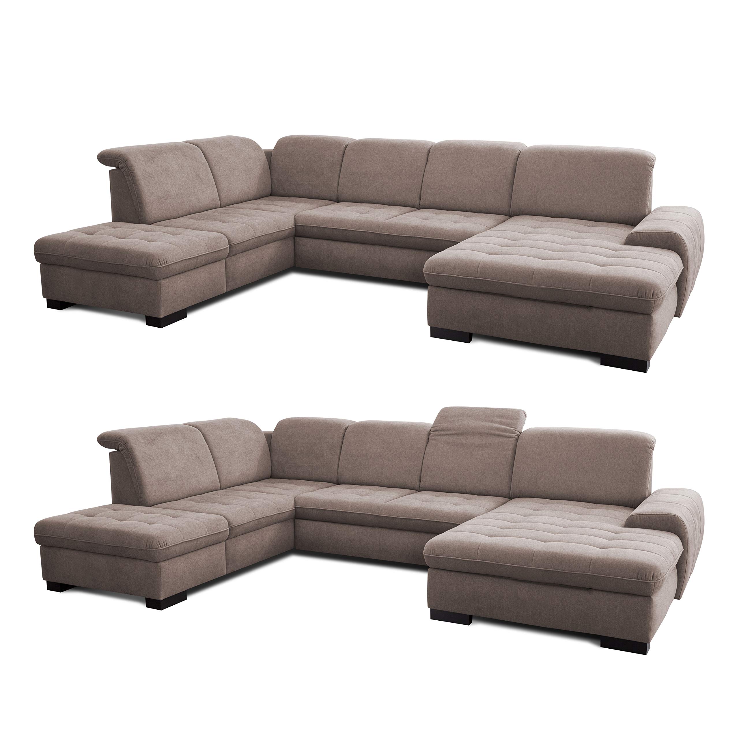 CAVADORE Wohnlandschaft Lexi / Große U-Form mit XXL-Longchair rechts und Kopfteilverstellung / Leichte Fleckenentfernung dank Soft Clean / 329 x 82-99 x 224 / Flachgewebe: Hellbraun