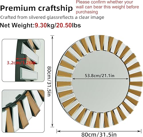 Miniatura 6 de Espejo de pared redondo decorativo con borde de cristal marrón plateado y plateado, 32 pulgadas
