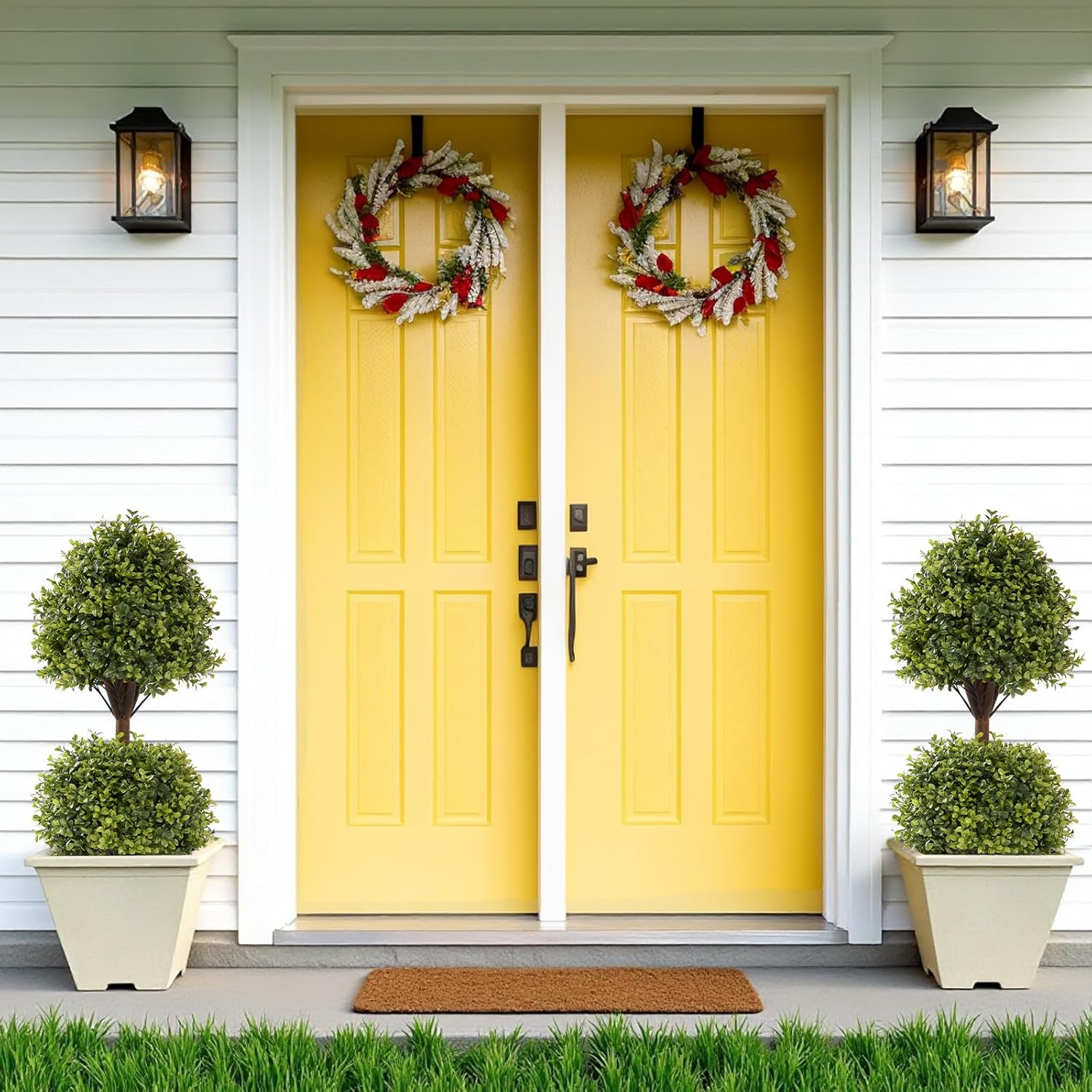 THE BLOOM TIMES 40" Tall Artificial Boxwood Double Ball Topiary Trees, UV Resistant Large Fake Potted Plants for Outdoor Planter, Realistic Faux Bushes Shrubs for Front Porch Outside Decor Set of 2