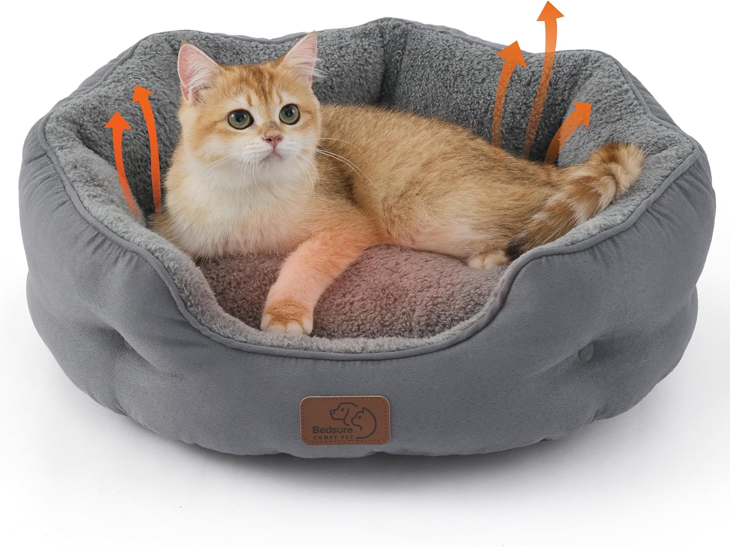 Bedsure Self Warming Cat Bed - Round Cat Beds for Indoor Cats, Washable Pet Bed for Puppy and Kitten with Slip-Resistant Bottom, 20 Inches, Self Warming Grey, Non-Electric 20"L x 19"W x 6"Th Self Warming Grey