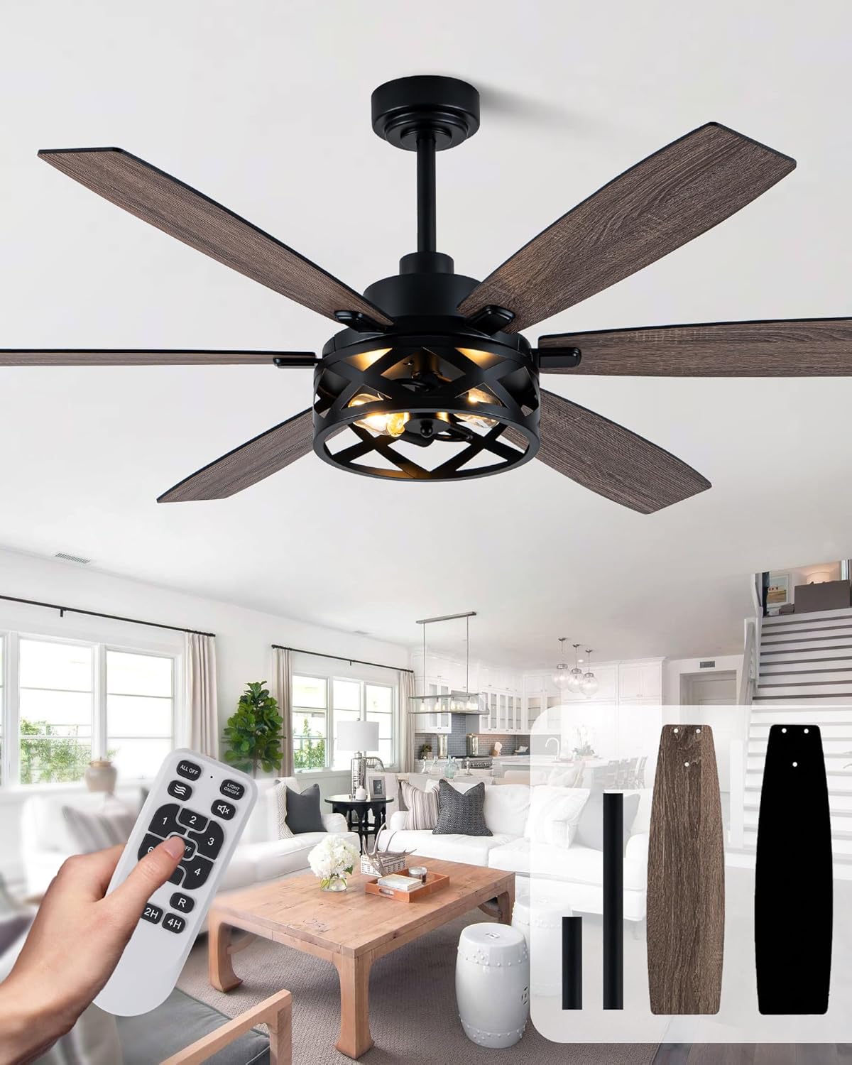 60 Inch Farmhouse Ceiling Fan with Light and Remote Black Rustic Ceiling Fan Quiet and Reversible DC Motor Chandelier Fan for Living Room Bedroom Patio
