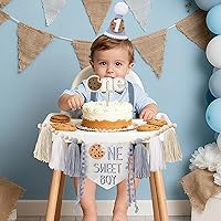 Vista 7 de Cartel para silla alta con temática de galletas One Sweet Boy para decoración de fiesta de primer cumpleaños con sombrero de cumpleaños