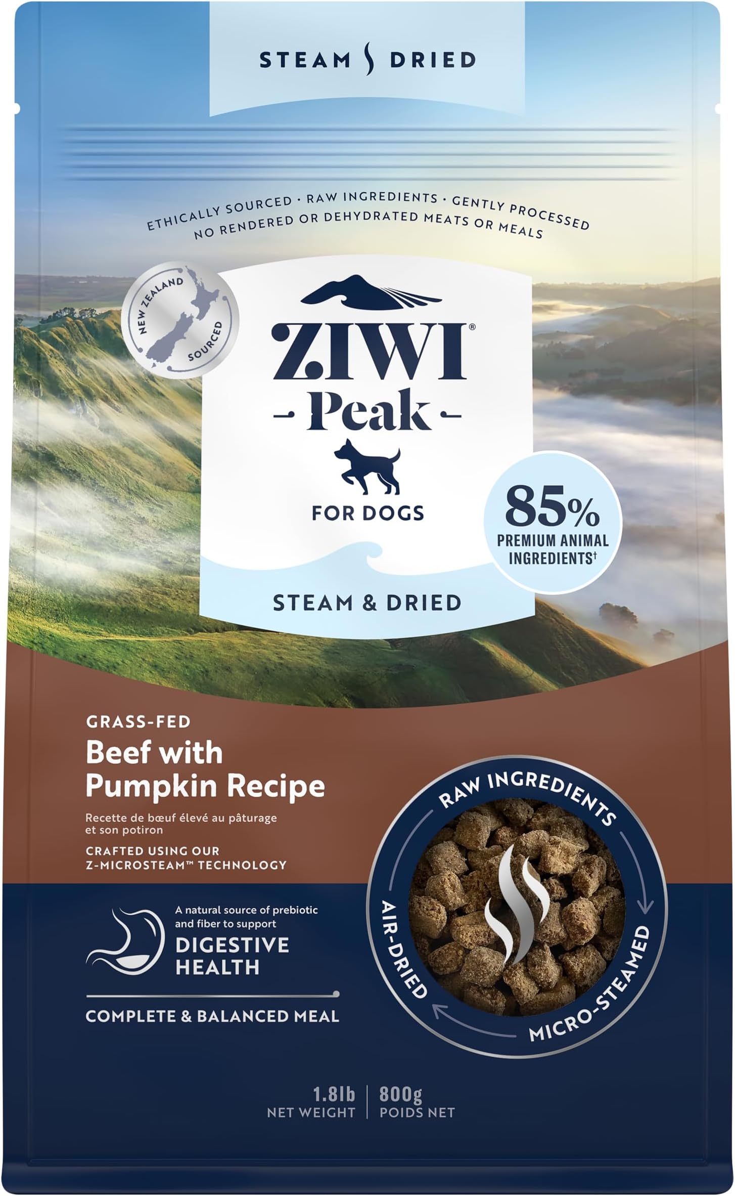 Peak Steam & Dried Grass-fed Beef & Pumpkin, 800 g - High Protein, Grain Free Dog Food Dry, Raw Dog Food Alternative