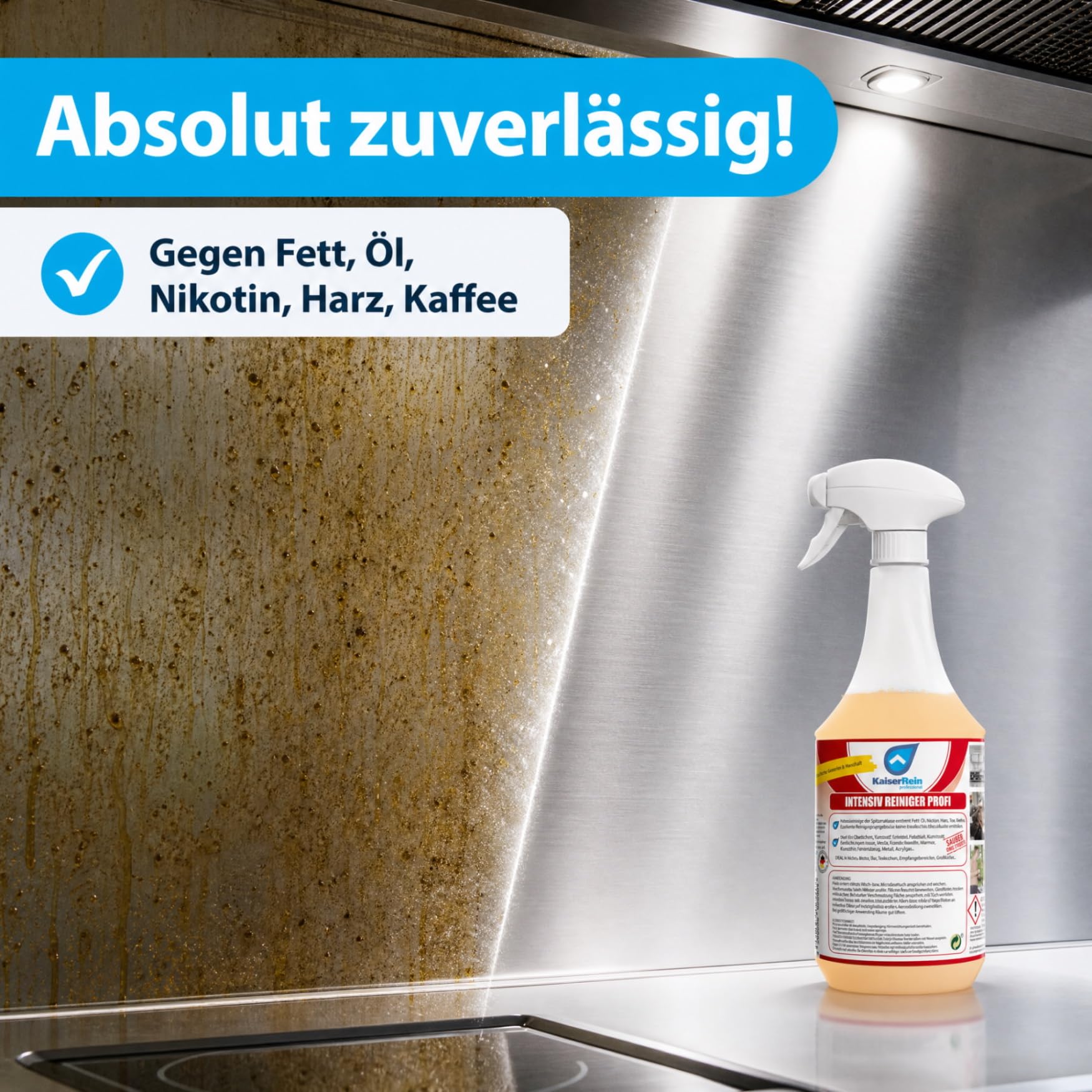 KaiserRein Intensivreiniger Küchenreiniger 3x 1L – Profi Fettlöser Spray – Kraftvolle Reinigung für Küche, Grill, Arbeitsflächen & Edelstahl – Entfernt Fett und hartnäckige Verschmutzungen