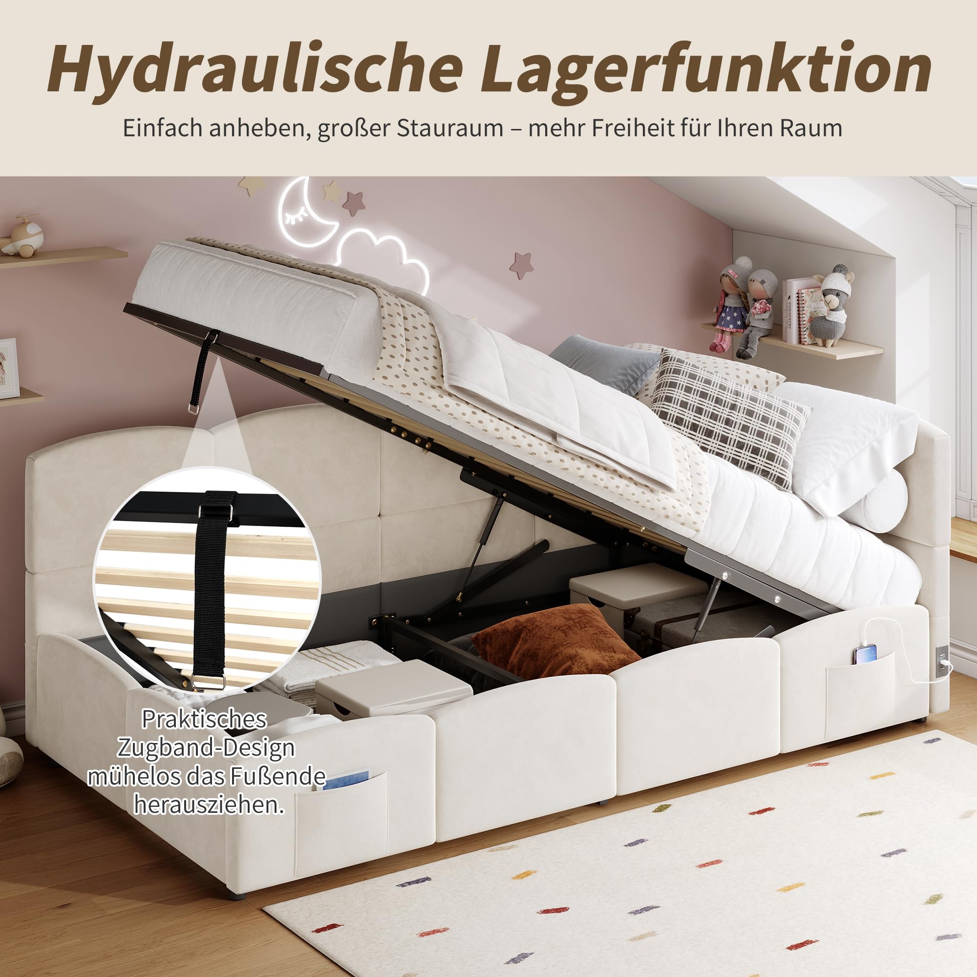 Merax Canapé-lit, rembourré, lit Simple, 90 x 200 cm, avec Espace de Rangement, Chargeur USB, Poche de Rangement et tête de lit, lit d'adolescent et Adulte, en Velours, Beige (sans Matelas)