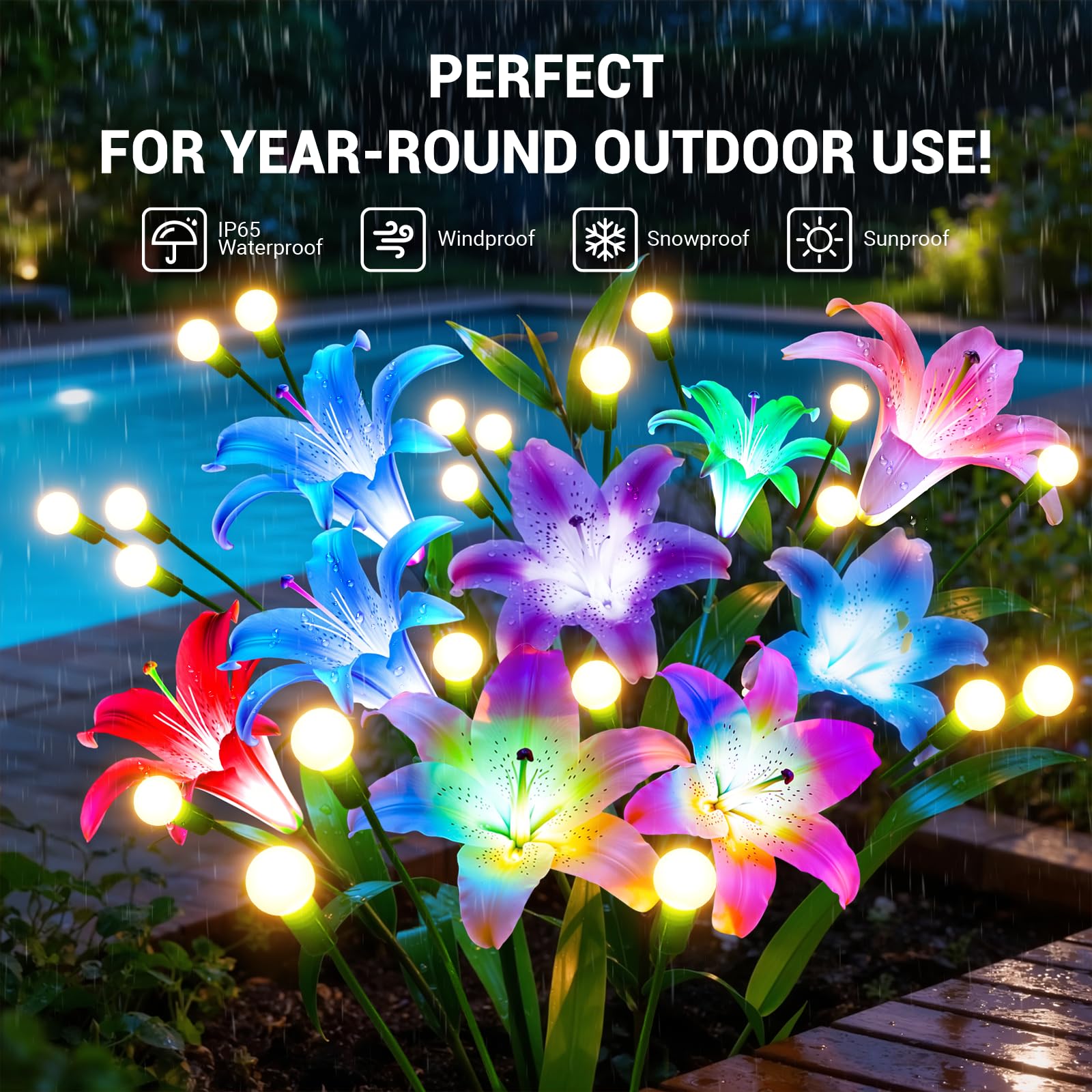 BUCASA Firefly Solarlampen für Außen Garten, 4 Stück 36LED Hell Solarleuchten für Außen mit Warmweiß Glühwürmchen und Farbig Lilien Blumen, Upgraded Swinging Solar Gartenleuchten für Wege Höf Balkon