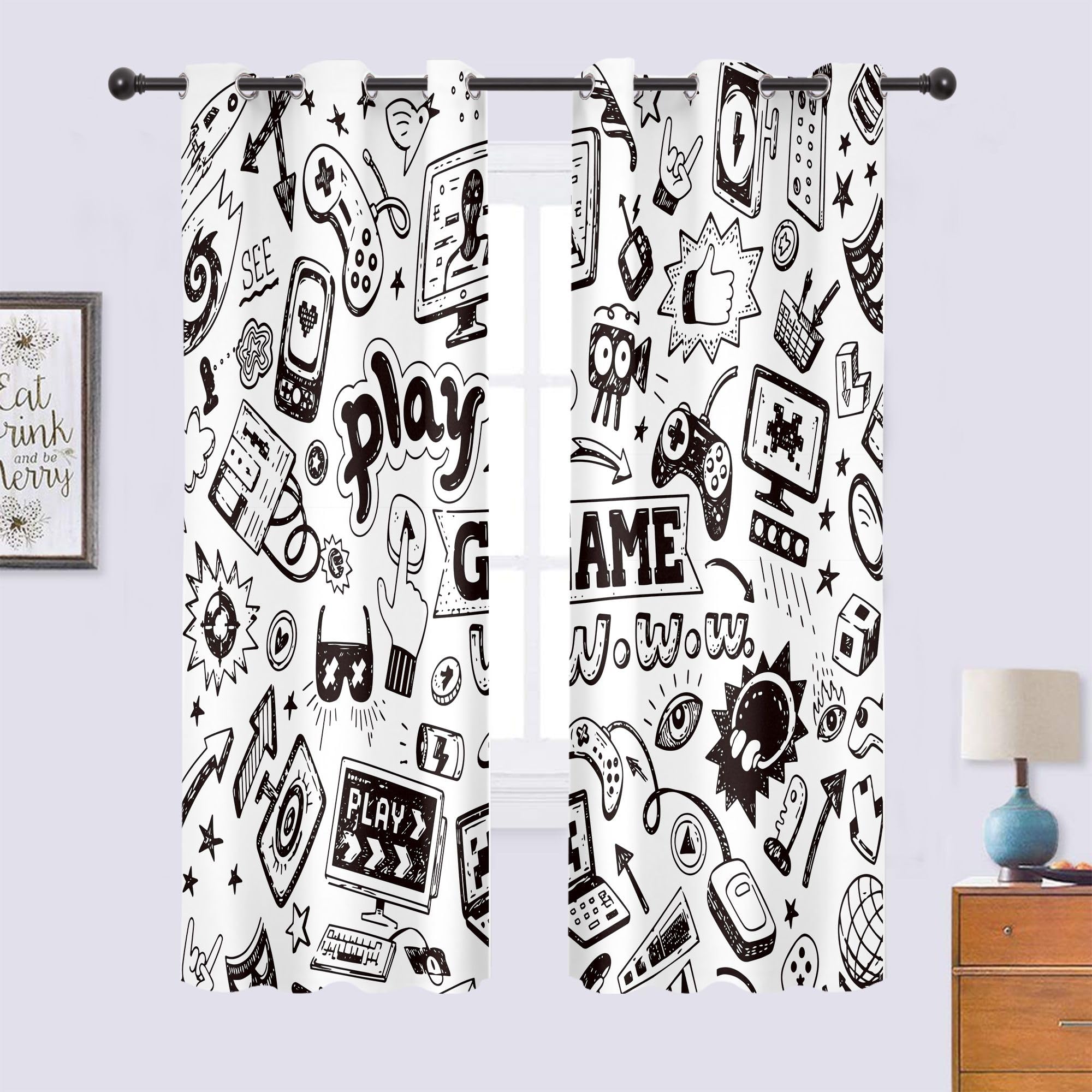 Lot de 2 Rideaux occultants à Motif Jeux vidéo pour Enfants, 73 cm de Large x 160 cm de Long, Noir et Blanc, décoration de Chambre à Coucher, pour Salon, Salle de Jeux vidéo