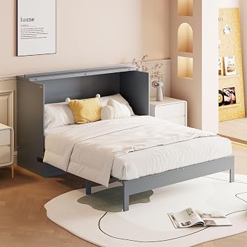P PURLOVE Full Murphy Bed with Large Drawers, Wood Cabinet Bed Gray