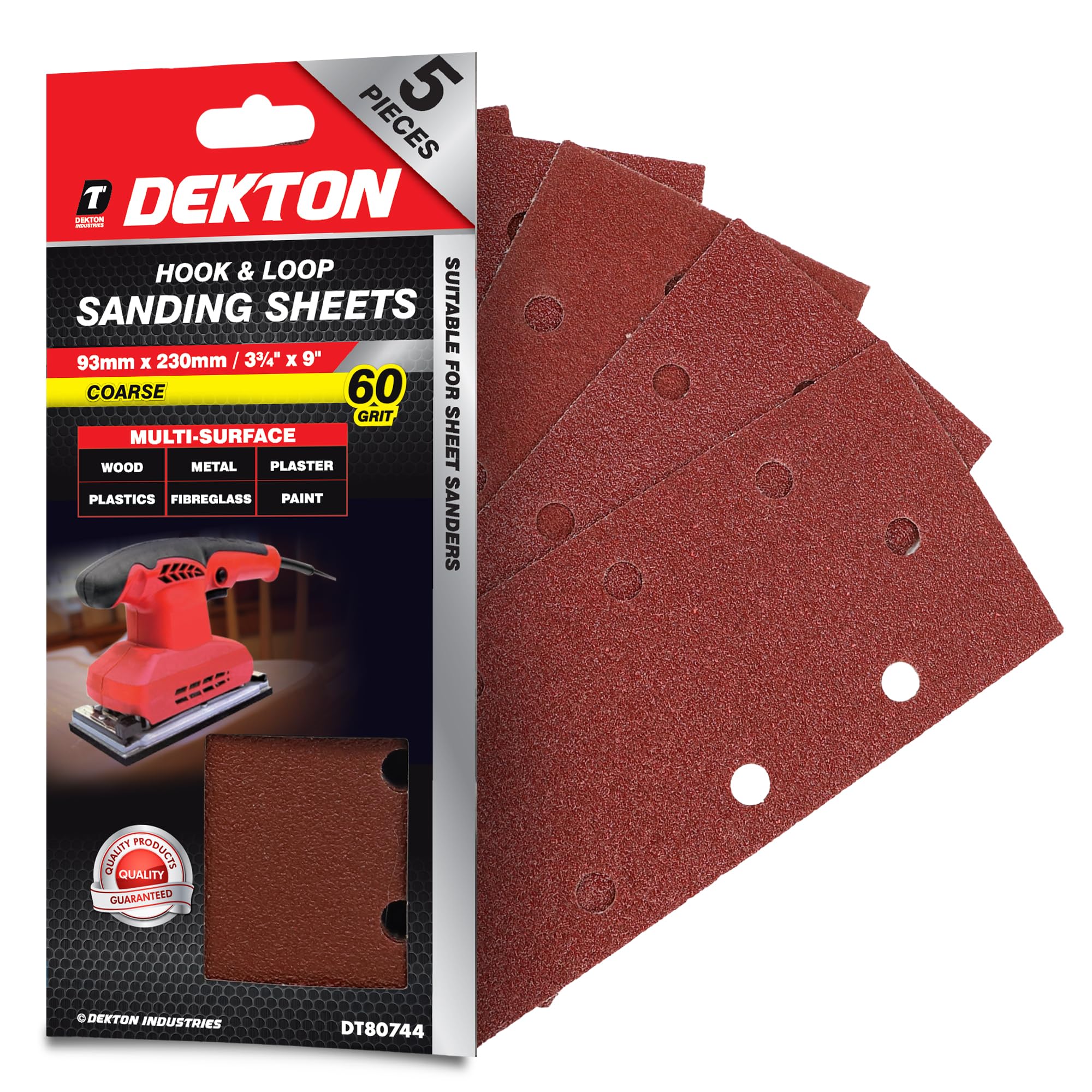 Dekton 5PC Hook and Loop Sanding Sheets 230mm/Extra Coarse - 60 Grit | Ideal for Sheet Sanders | Multi-Surface Use on Wood, Metal, Plaster, Plastics & Paint | Heavy-Duty Sanding Performance