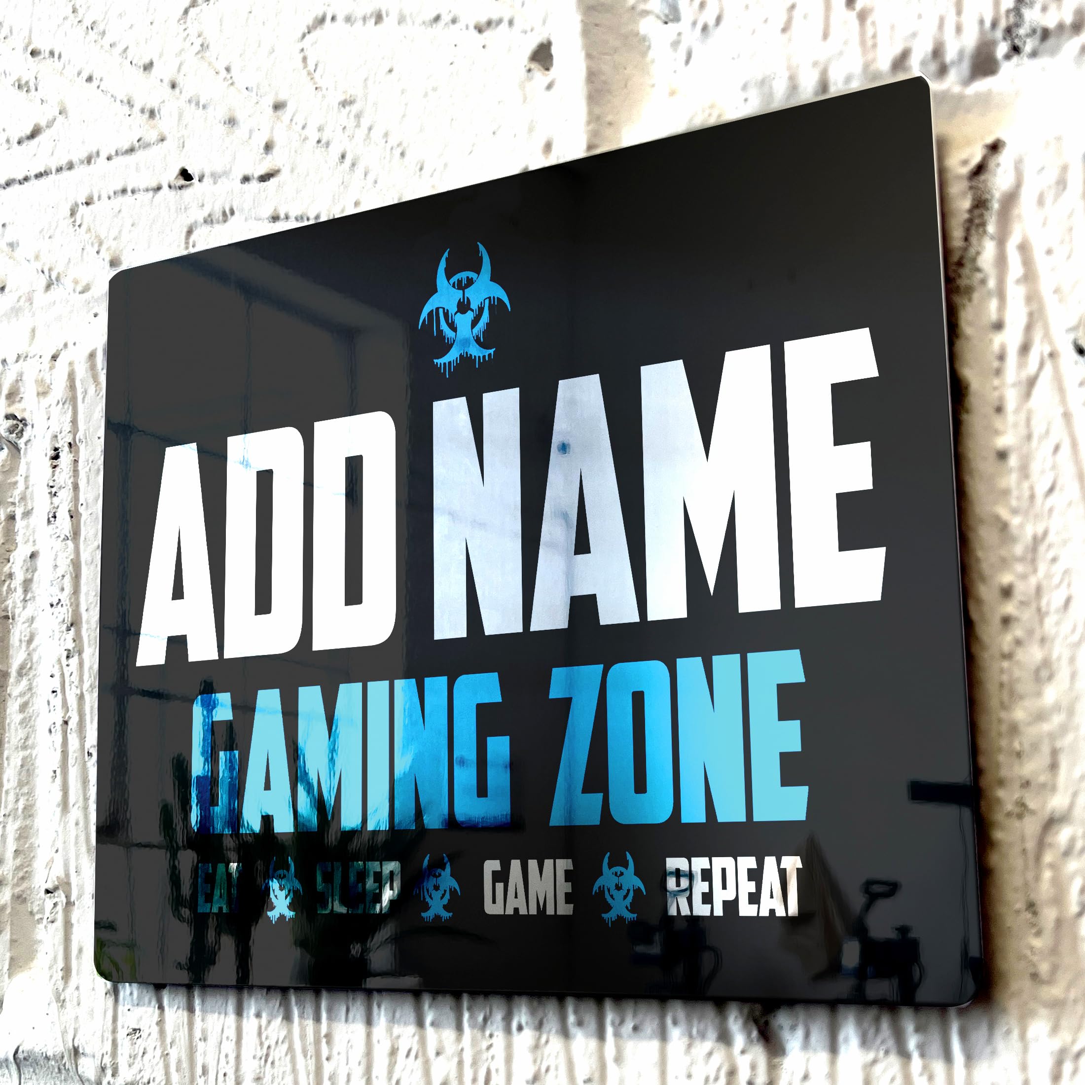 Shopquality4u Gaming Zone Caution D4 Blue Personalised Game Metal Mirror Gamer Sign - Customised Printed Wall Art Plaque A5 Gaming Zone Caution Blue