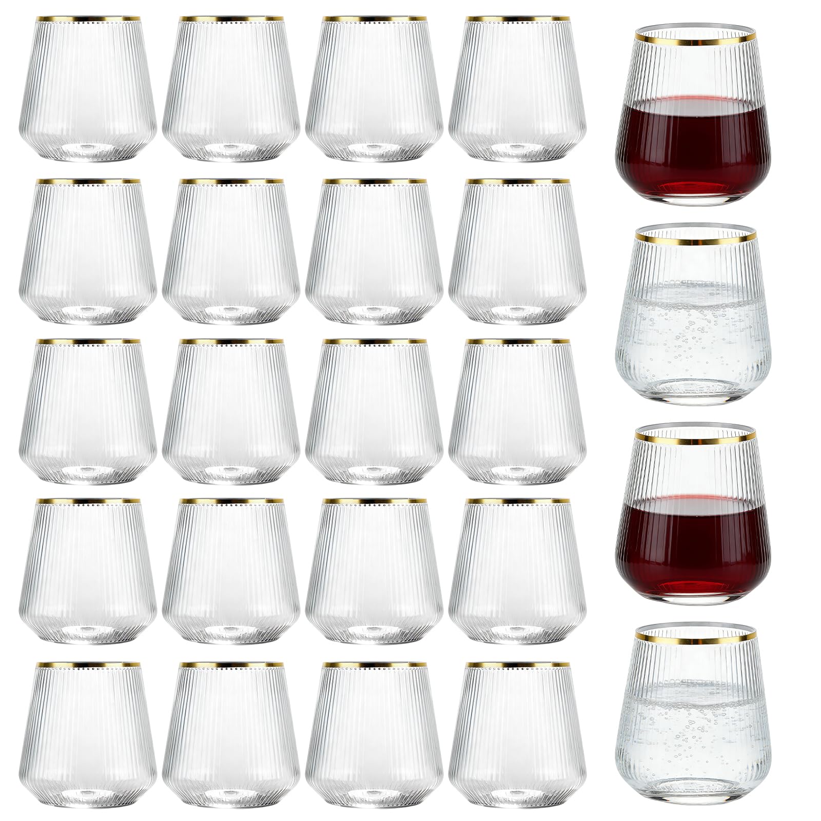 Lot de 24 verres à vin en plastique nervuré réutilisables sans pied – 350 ml – Verres en plastique réutilisables pour fête, mariage, pique-nique en plein air