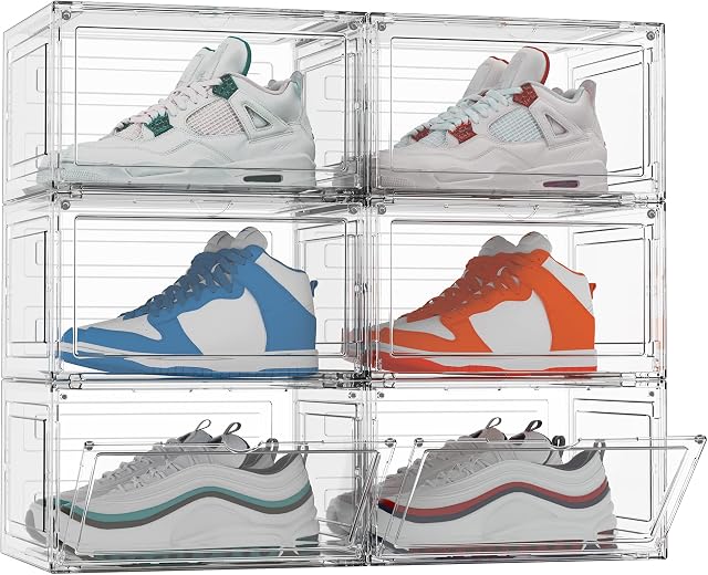 HOMIDEC Shoe Box, 6 pcs Shoe Storage Boxes Clear Plastic Stackable, Shoe Organizer Containers with Lids for Women/Men 34 x 27.5 x 19 cm