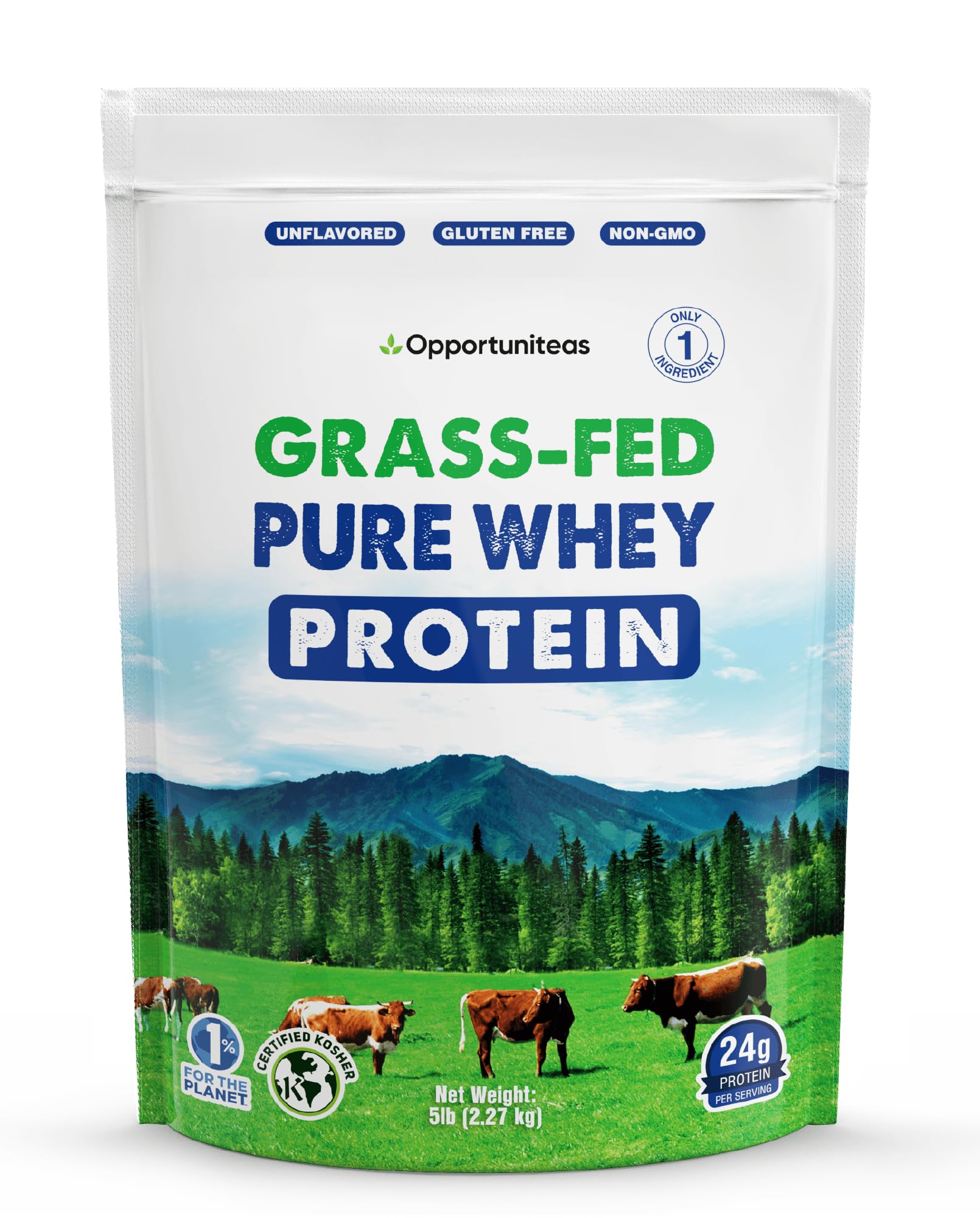 Opportuniteas Grass Fed Whey Protein Powder Concentrate - 1 Ingredient - Pure Protein Supplement for Drink, Smoothie, Shake, Cooking & Baking - Non GMO, Hormone Free & Gluten Free - 5 Pounds