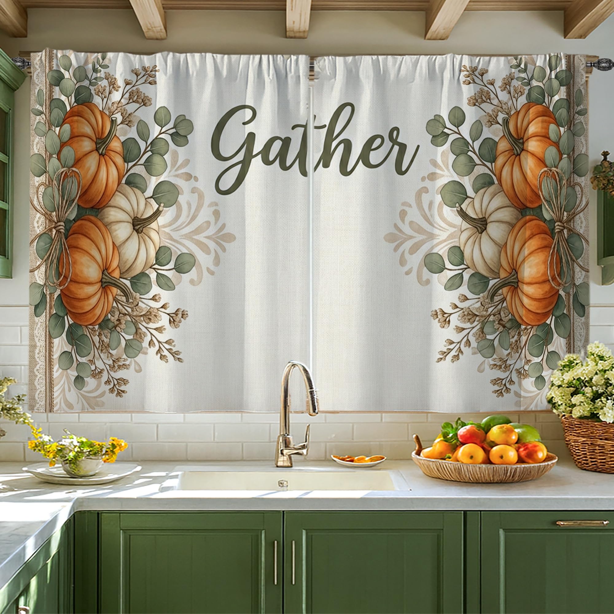 Rideaux citrouilles et eucalyptus pour égayer votre fenêtre de cuisine et salle à manger