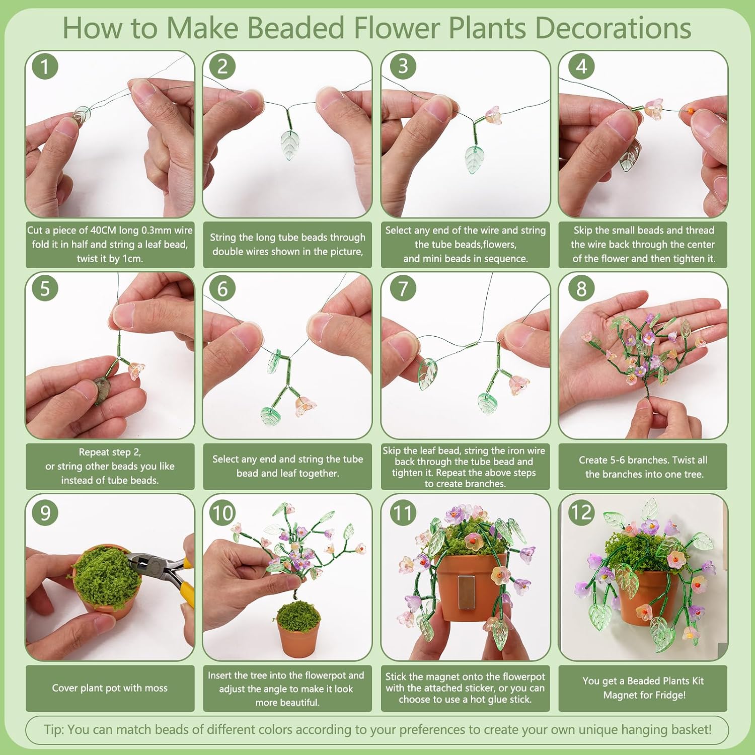 Betylifoy Beaded Plant Kit, Green Glass Beads DIY Plants with 3 Plant Pots