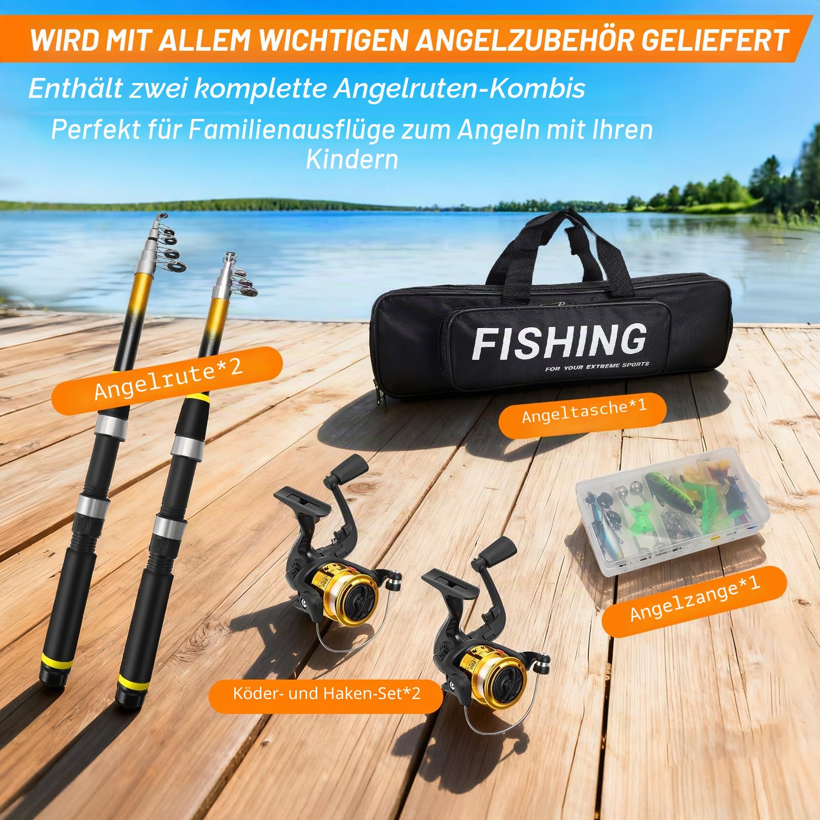 Angelset für Kinder, Angelrute Set Komplett mit 1.8m & 2.1m Kohlefaser Teleskop Angelrute, Angelrolle, Köder Set und Tragetasche, Kinder Angelset für Jungen und Mädchen von 3-10 Jahren