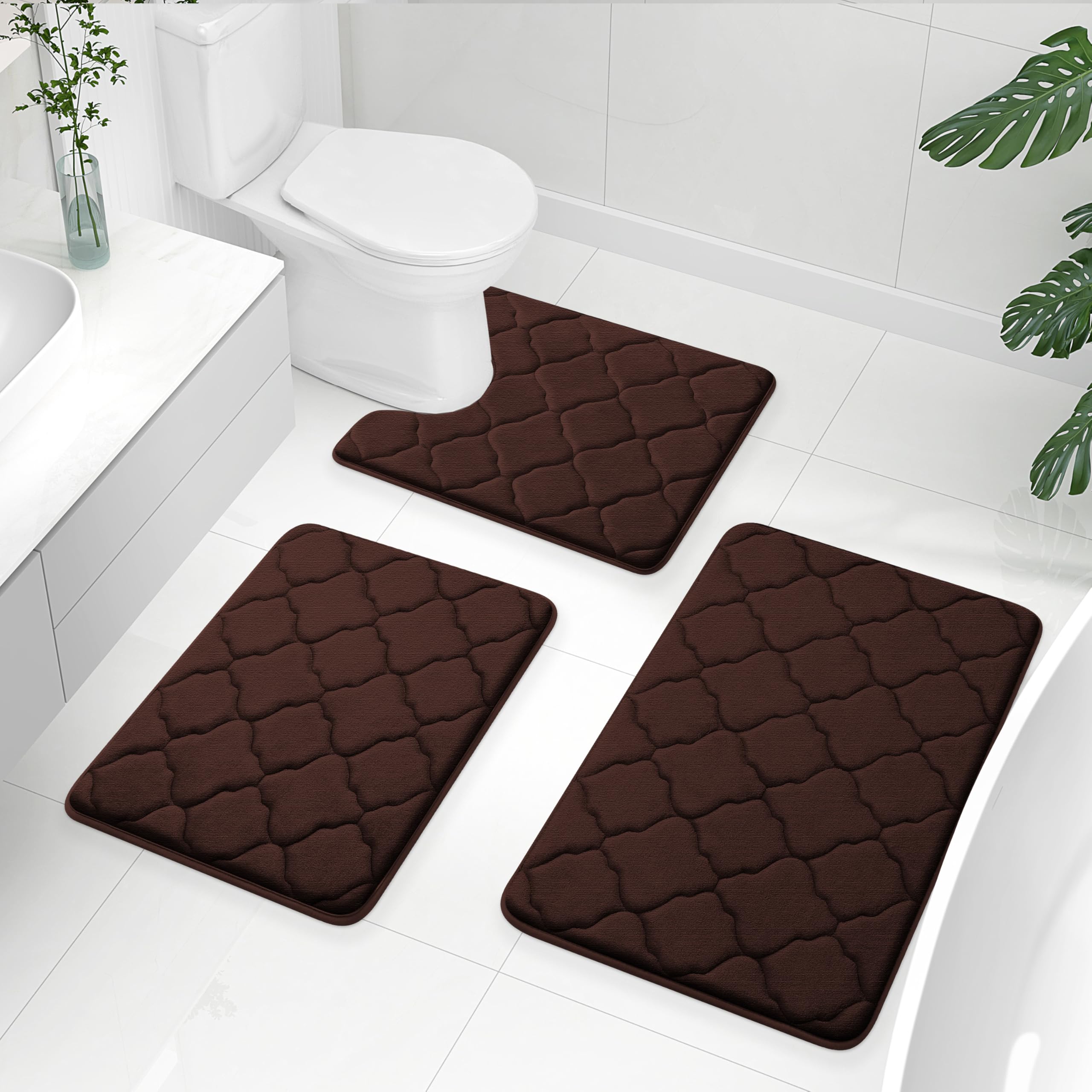 OLANLY Memory Foam Bath Mat Set of 3 Piece, Bathroom Rugs and Toilet Rug U-Shaped, Ultra Soft and Absorbent, Comfortable, Non-Slip, Machine Washable,