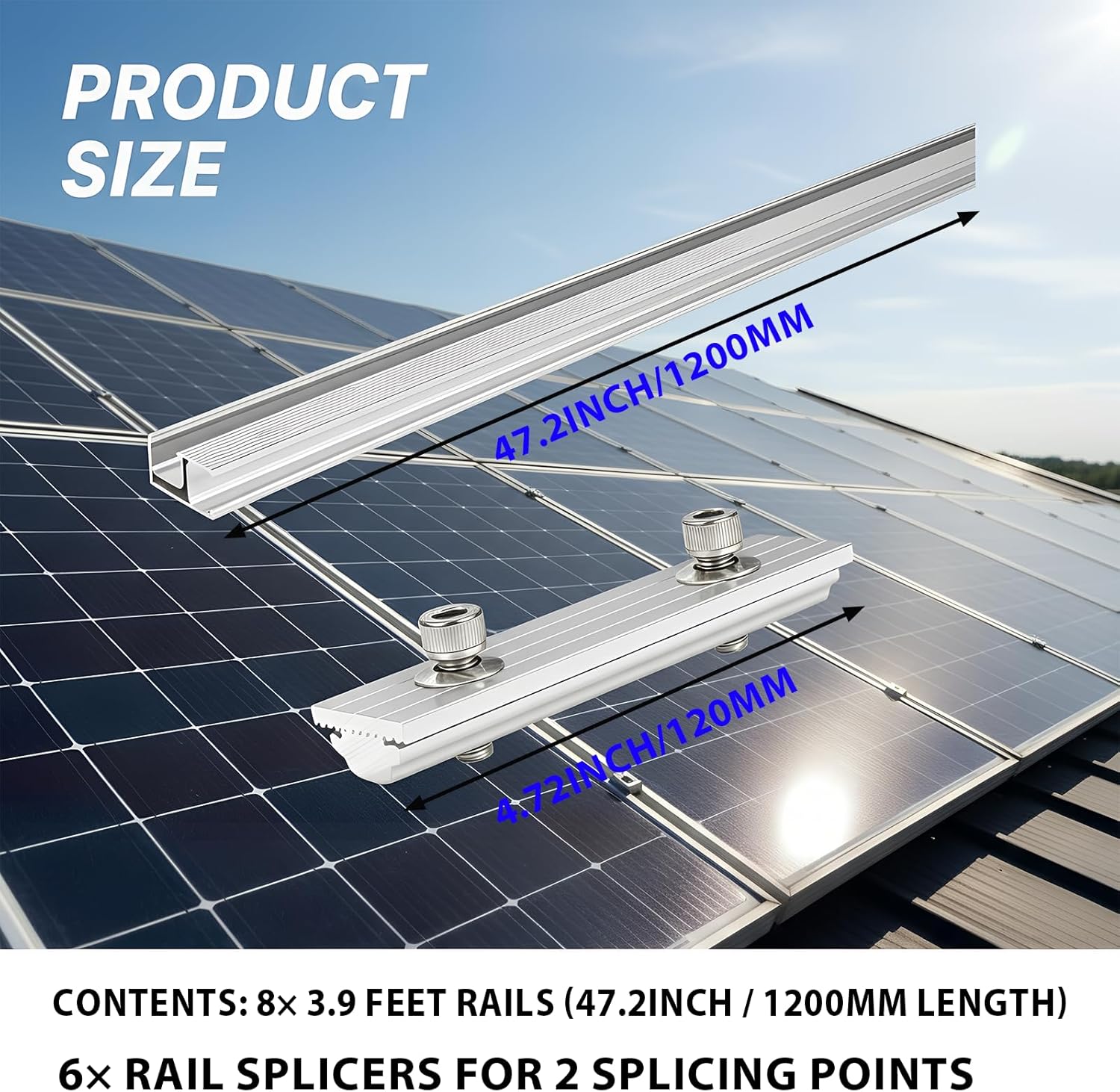 Solar Panel Mounting Rail Kit for 5 x 320W Panels, Includes 8 x 47.2 Aluminum Rails, Adjustable Clamps, L-Brackets & Grounding Lugs, Universal Racking for Metal, Tile, Shingle Roof