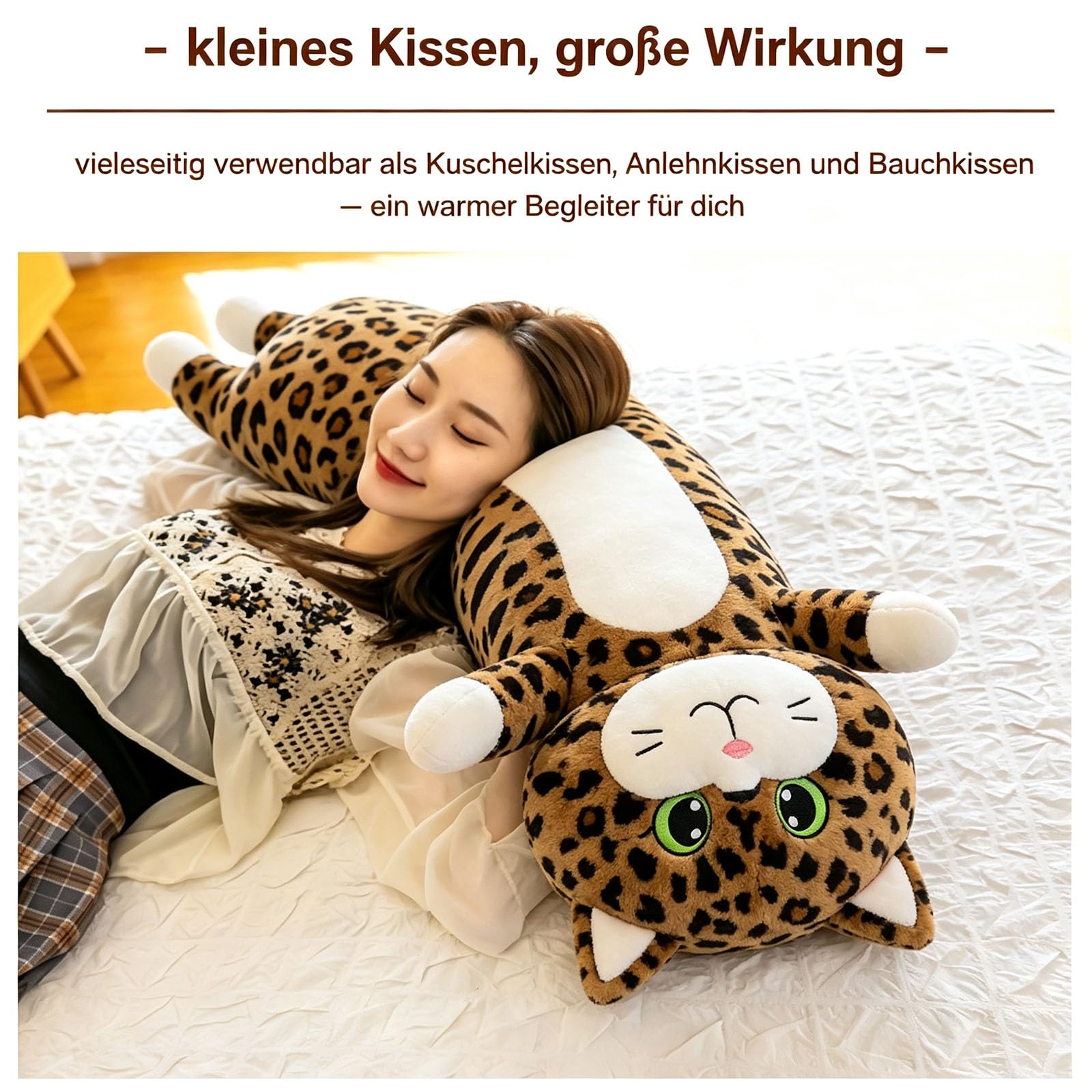 AMOSIJOY Lange Katze Kuscheltier, Leopardenmuster Katze Plüschkissen, Katze Plüschtier Ausgestopftes Tier Spielzeug Kuschelkissen als Schlafbegleiter, Geschenk Für Kinder Freundin (110cm)