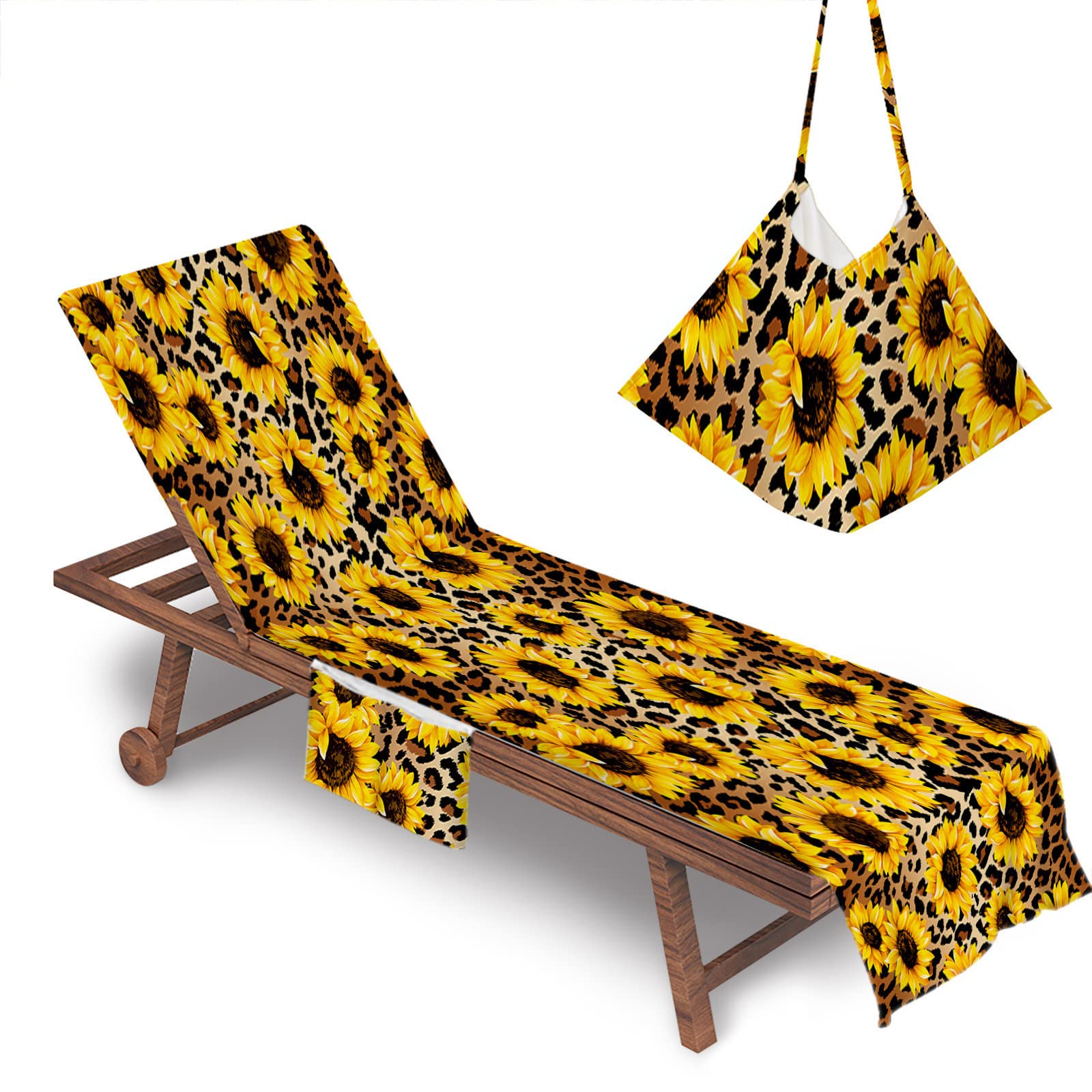 RRrawgff Beach Chair Cover Towel, Sunflower Pattern Beach Towel Lounger Bags with Pockets Sunbed Towels Fitted Microfiber Sun Lounger Towels for Summer Garden Pool Vacation (Leopard Pattern)