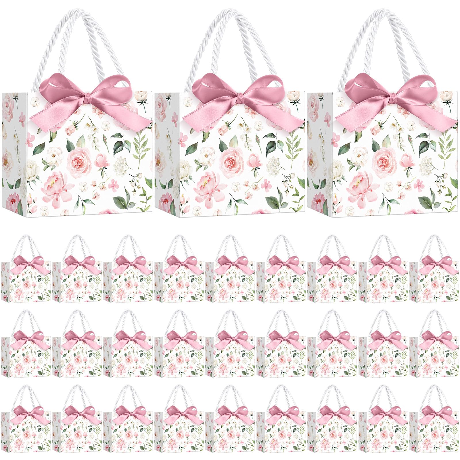 Moinchore 30 Pcs Pink Floral Paper Gift Bags with Ribbon Handles, 5.5 x 4.7 x 2.5 in Medium Decorative Favor Bags for Baby Shower, Bridal Party, Wedding, Birthday, Candy, Snacks and Small Gifts