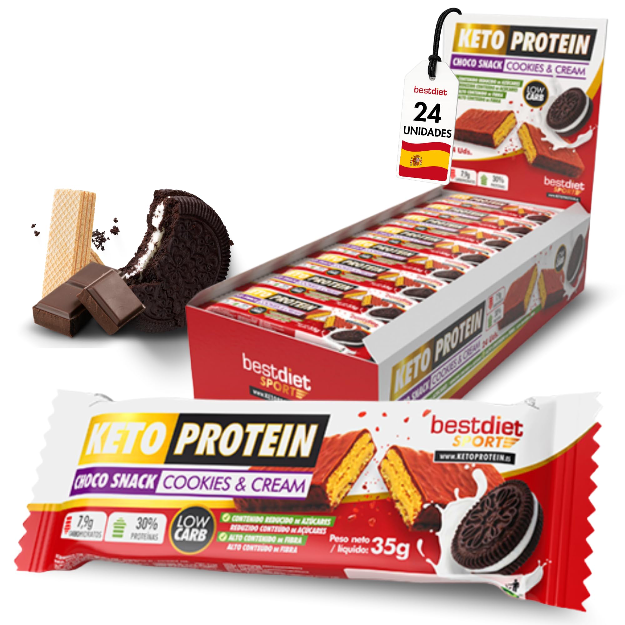 Barritas Proteina de Cookies & Cream 24 Uds - Barritas Energeticas Choco Snack - Snack Proteico Sabor Cookies & Cream, Bajo en Carbohidratos - Ideal Dieta Keto y Fitness – Bestdiet