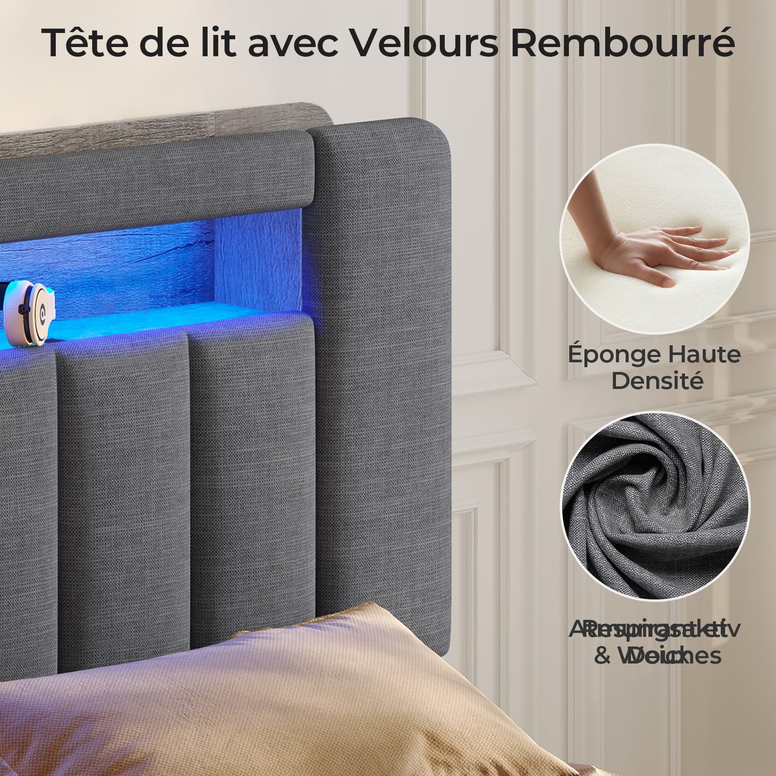 AOGLLATI Lit 90x200 à LED avec Multiprise et 2 Grands Tiroirs, Cadre de Lit avec Sommier à Latte et Tête de Lit Capitonnée Sommier avec Rangement, Moderne sans Matelas-Lin Gris