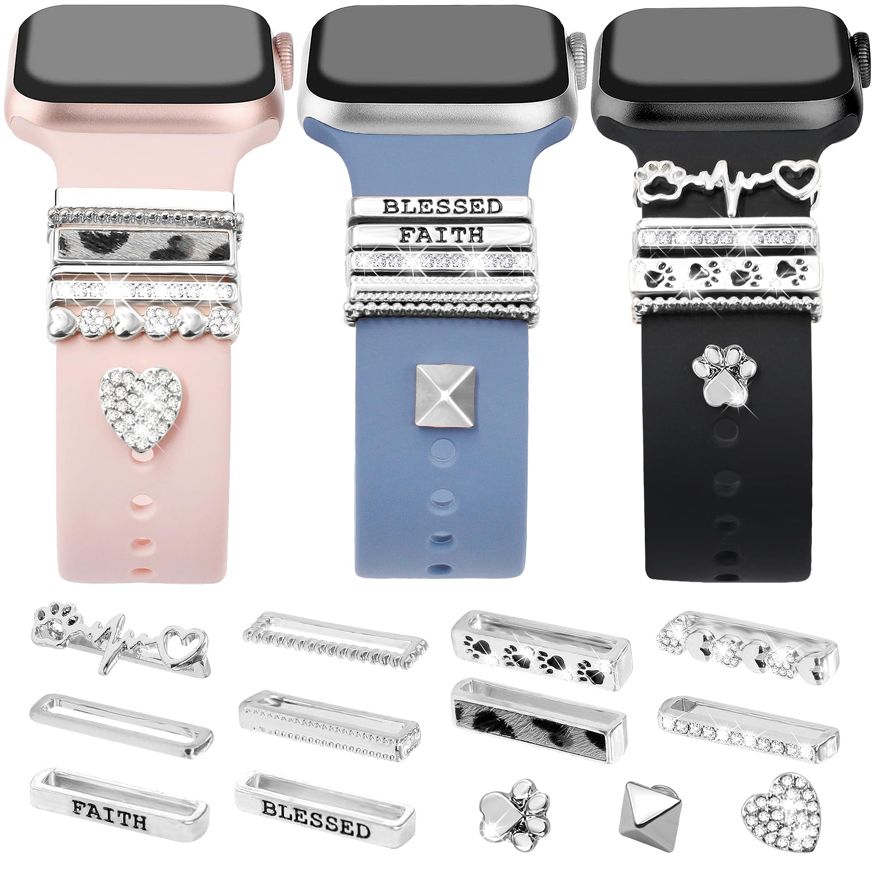 JR.DM 13 Pieces Sliver Watch Band Charms with 10-Pcs Decorative Rings Loops & 3-Pcs Decoration, Compatible with Apple Watch Band Metal Diamond Sliding Accessories for iWatch Series 9 8 7 6 5 4 3 2 1 | Watch band accessories include 10 decorative rings and 3 sliding charms; watch and band not included.