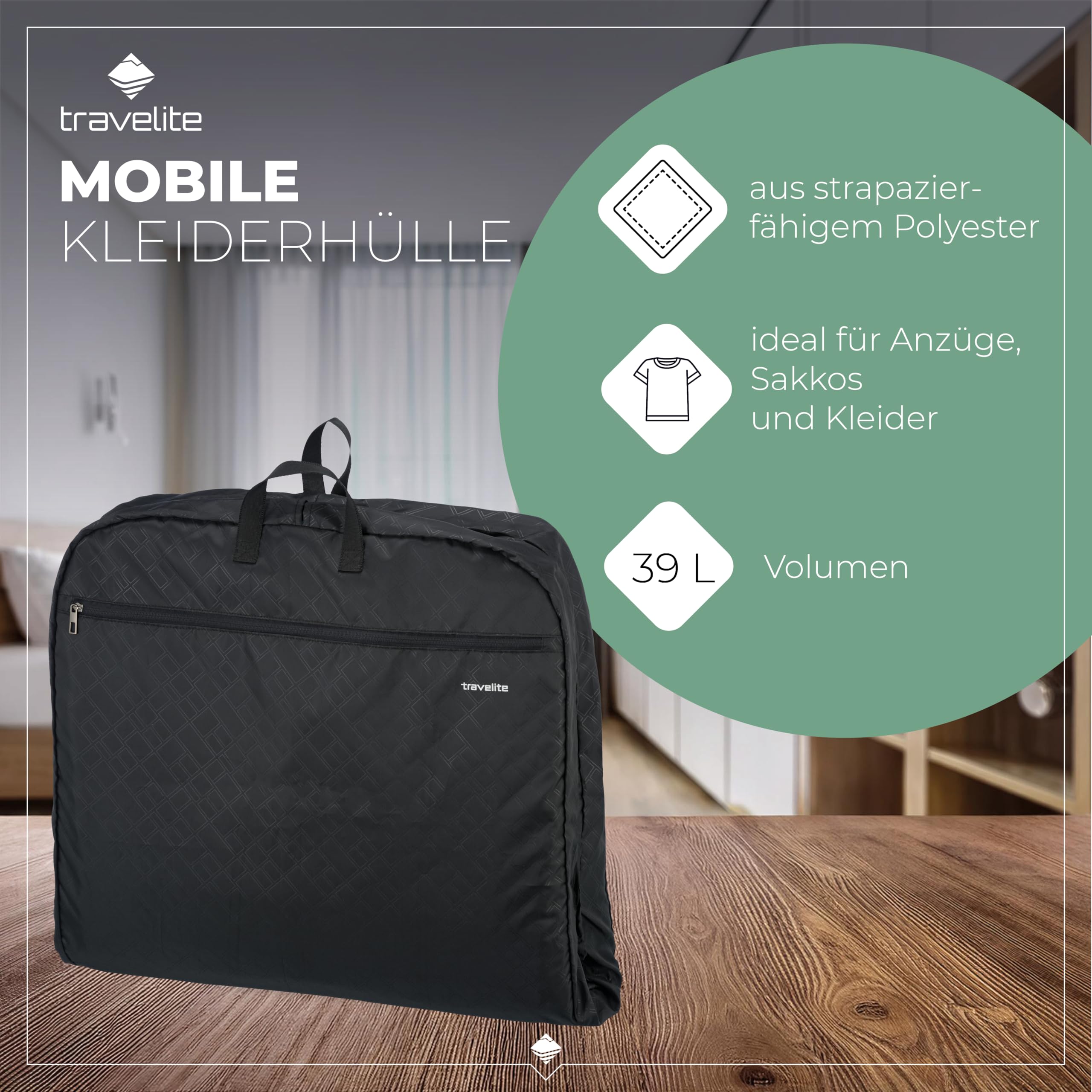 travelite große Kleiderhülle für Anzüge und Hemden, Gepäck Serie Mobile: Knitterfrei Reisen mit der Kleiderhülle Anzughülle, 127 cm, 39 Liter
