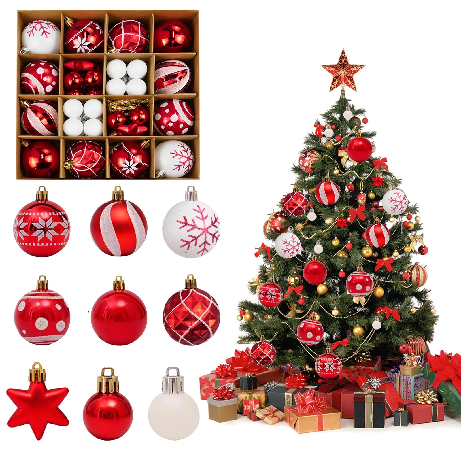 MytaYt Bolas de Navidad Blancas y Rojas 42 Adornos de Bola de Navidad 3cm y 6cm Bolas de Navidad Decoraciones de Árbol Bolas navideñas de Plastico para decoración de Navidad y Año Nuevo