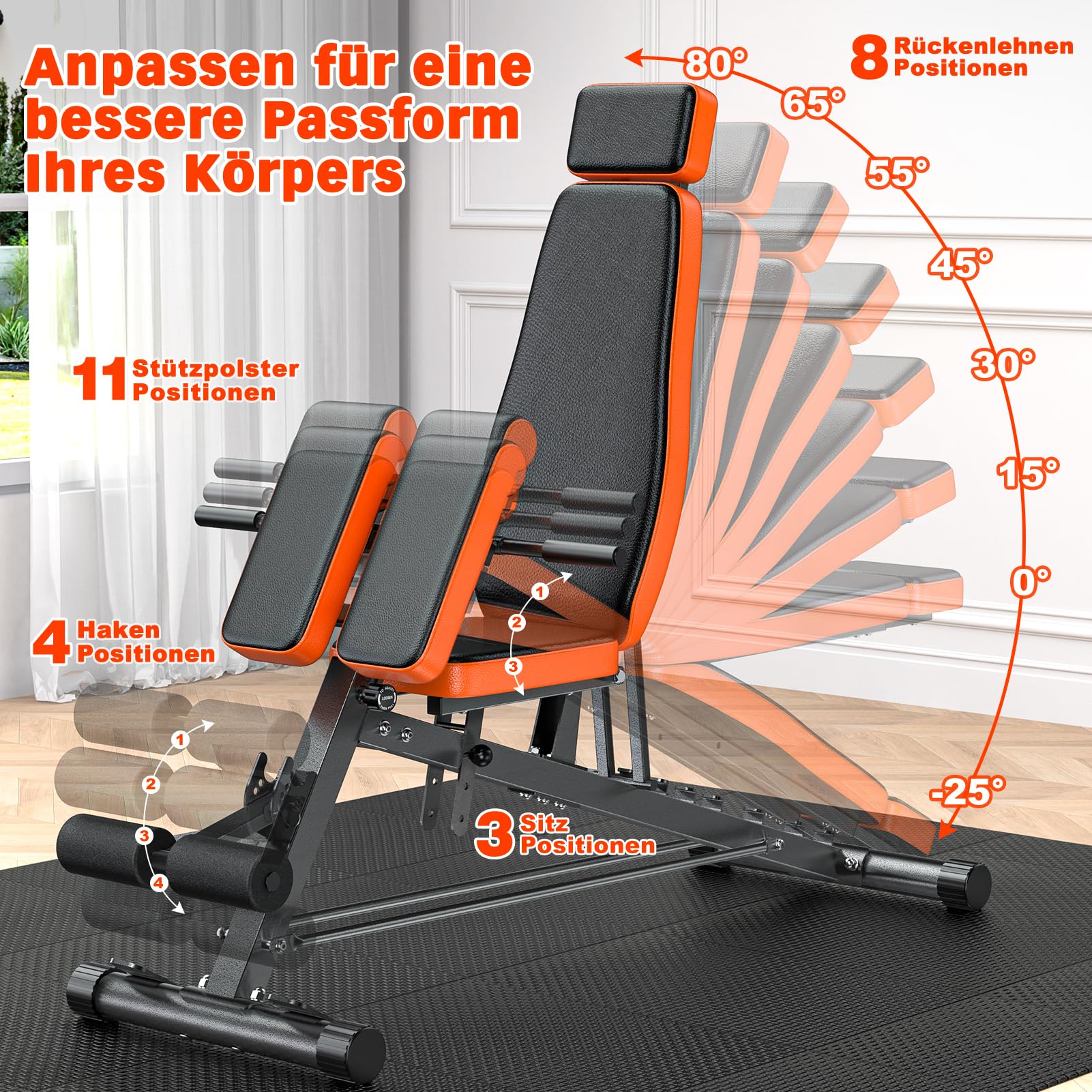 XDDIAS Hantelbank Verstellbar 4 in 1 Schrägbank, übergroße rückenstrecker Gerät, sit up bank mit Stützpolster, 8-Fach rückentrainer trainingsbank für flach, Neigung nach unten und oben, bis 450kg