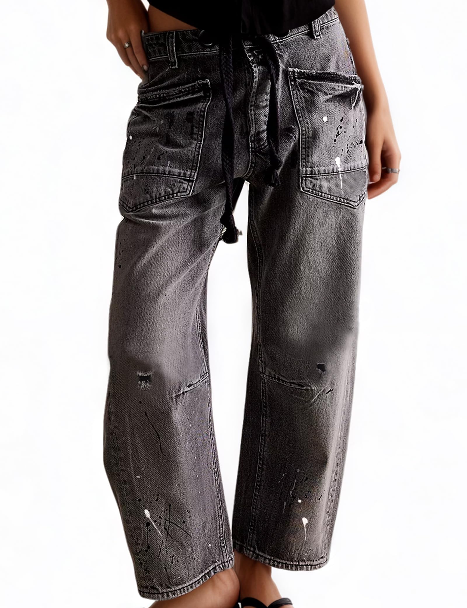 Photo 1 of Mewunan Womens Pull-On Barrel Jeans Mid-Low Rise Boyfriend Drawstring Ankle Baggy Elastic Waist Stretchy Boho Denim Pants