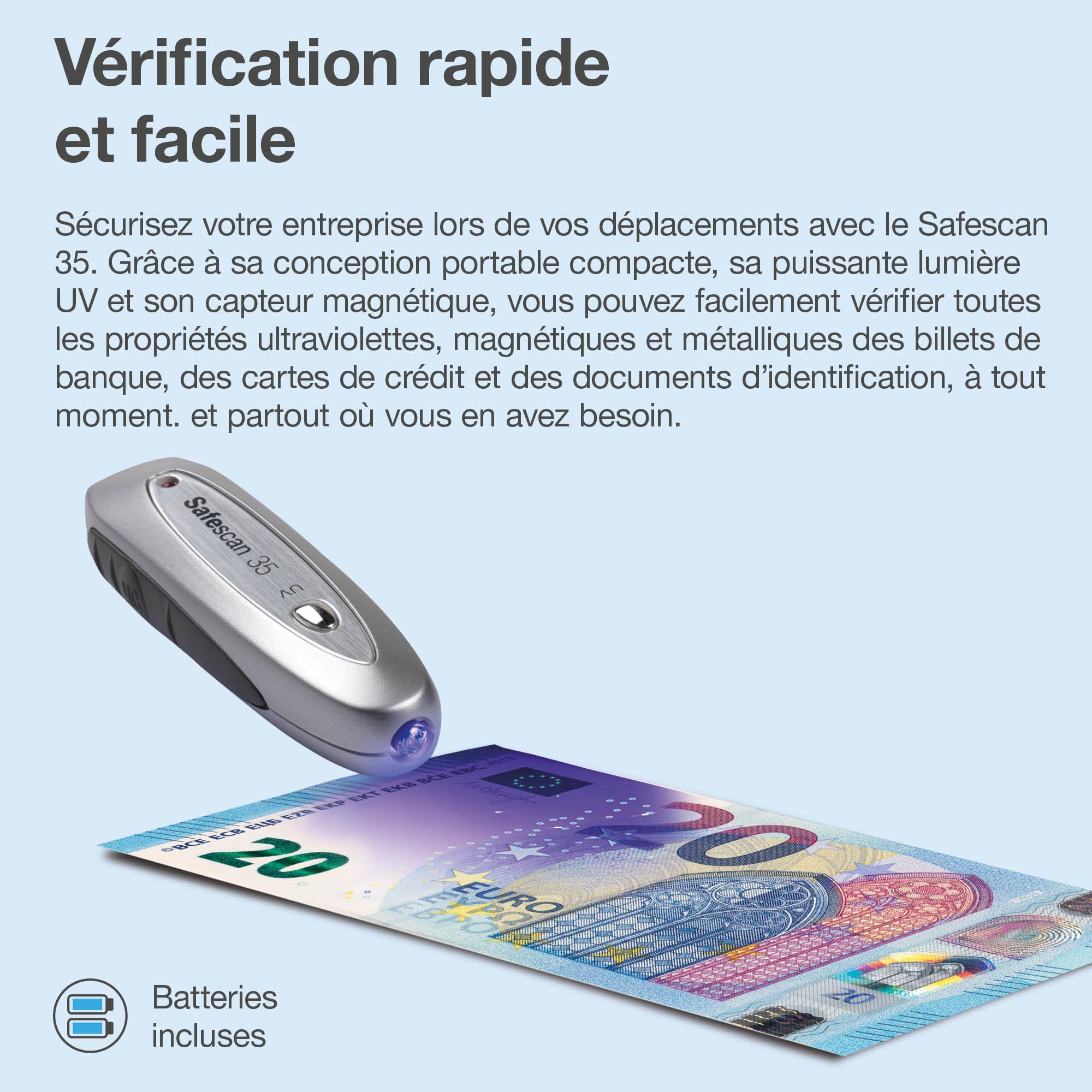 Safescan 35 détecteur de faux billets portable afin de vérifier les billets, cartes bancaires et ID - Détecteur UV pour les nouveaux billets - Détecteur lampe UV - Vérificateur UV