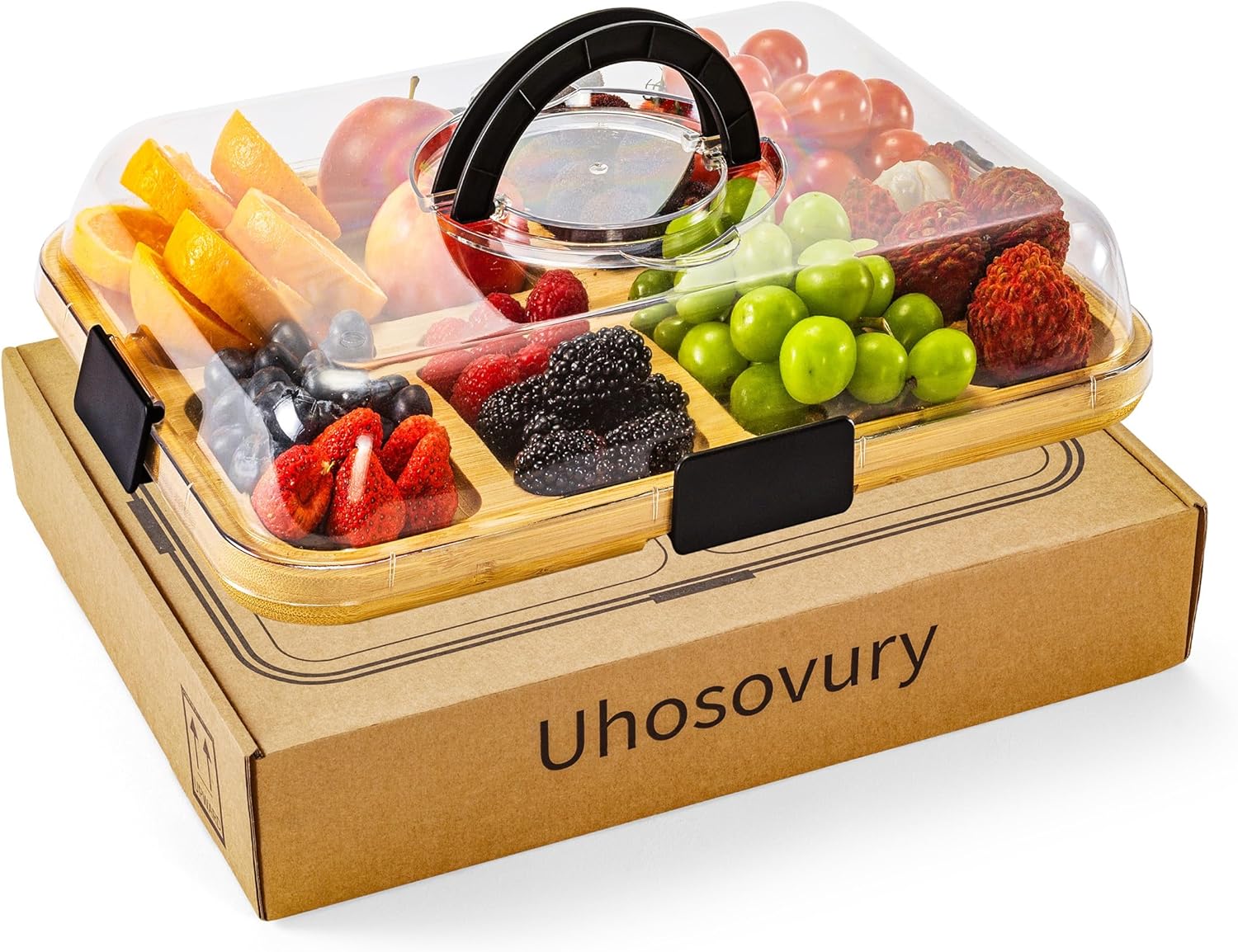 Charcuterie Board with Clear Lid, Portable Cheese Board with Dust-Proof Cover, Reversible Bamboo Cutting Board & Snack Tray, Easy-Open Latches for Picnics, Parties, Housewarming Gifts (6 Compartments) - Image 7