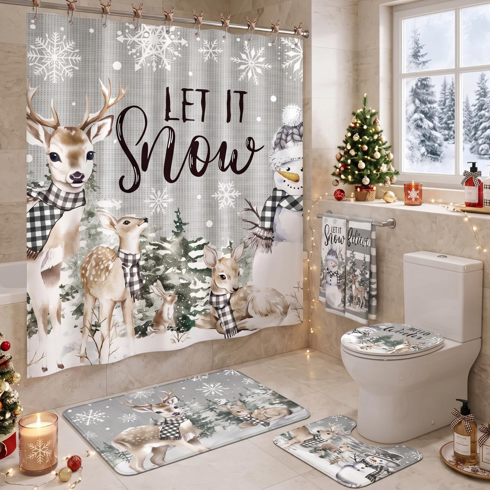 HunnmingRe 6 Pcs Christmas Bathroom Decor Winter Holiday Shower Curtain Set